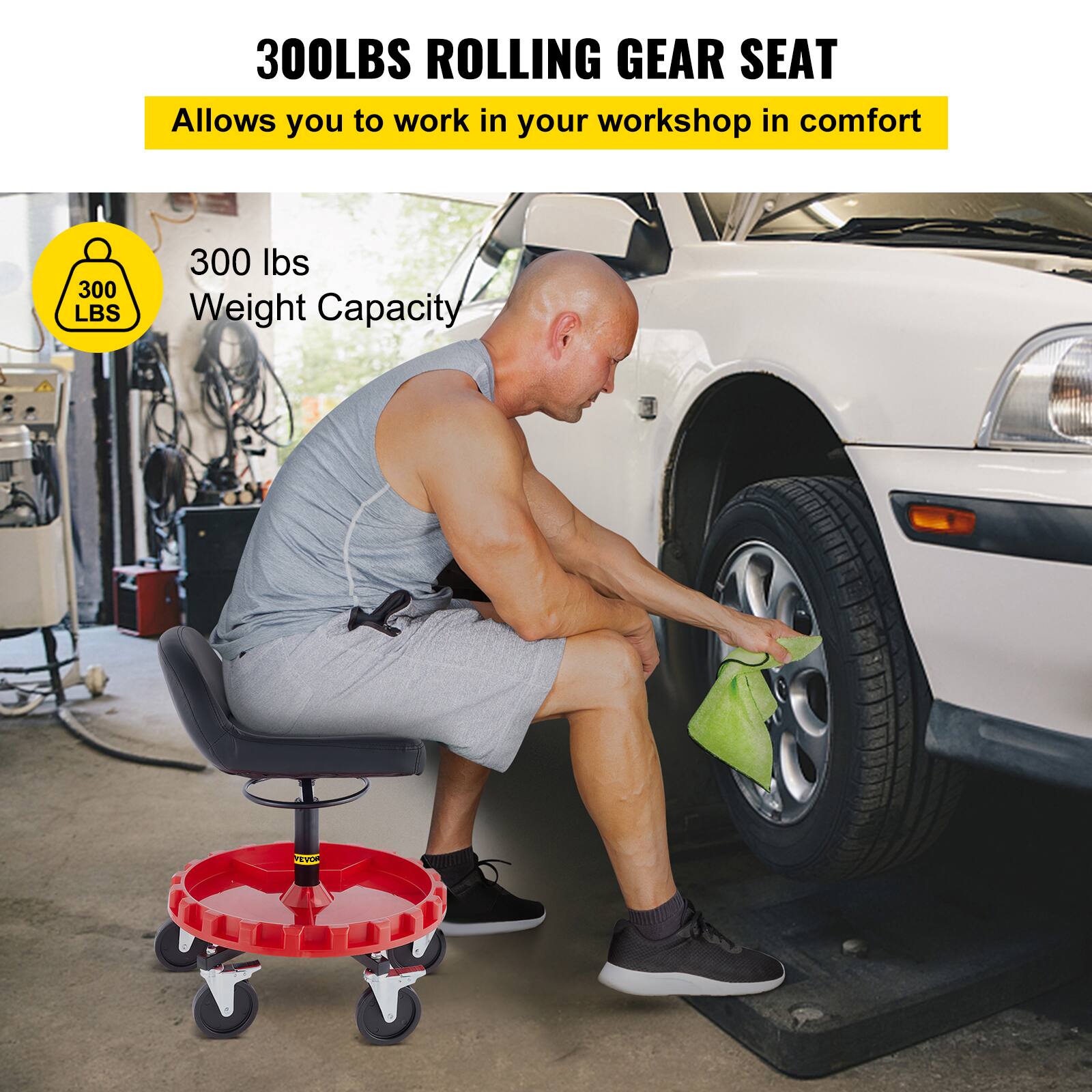 300LBS ROLLING GEAR SEAT  
Allows you to work in your workshop in comfort  
300 lbs Weight Capacity