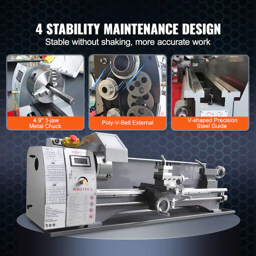 VEVOR Metal Lathe Machine, 211 mm x 750 mm, Precision Benchtop Power ...