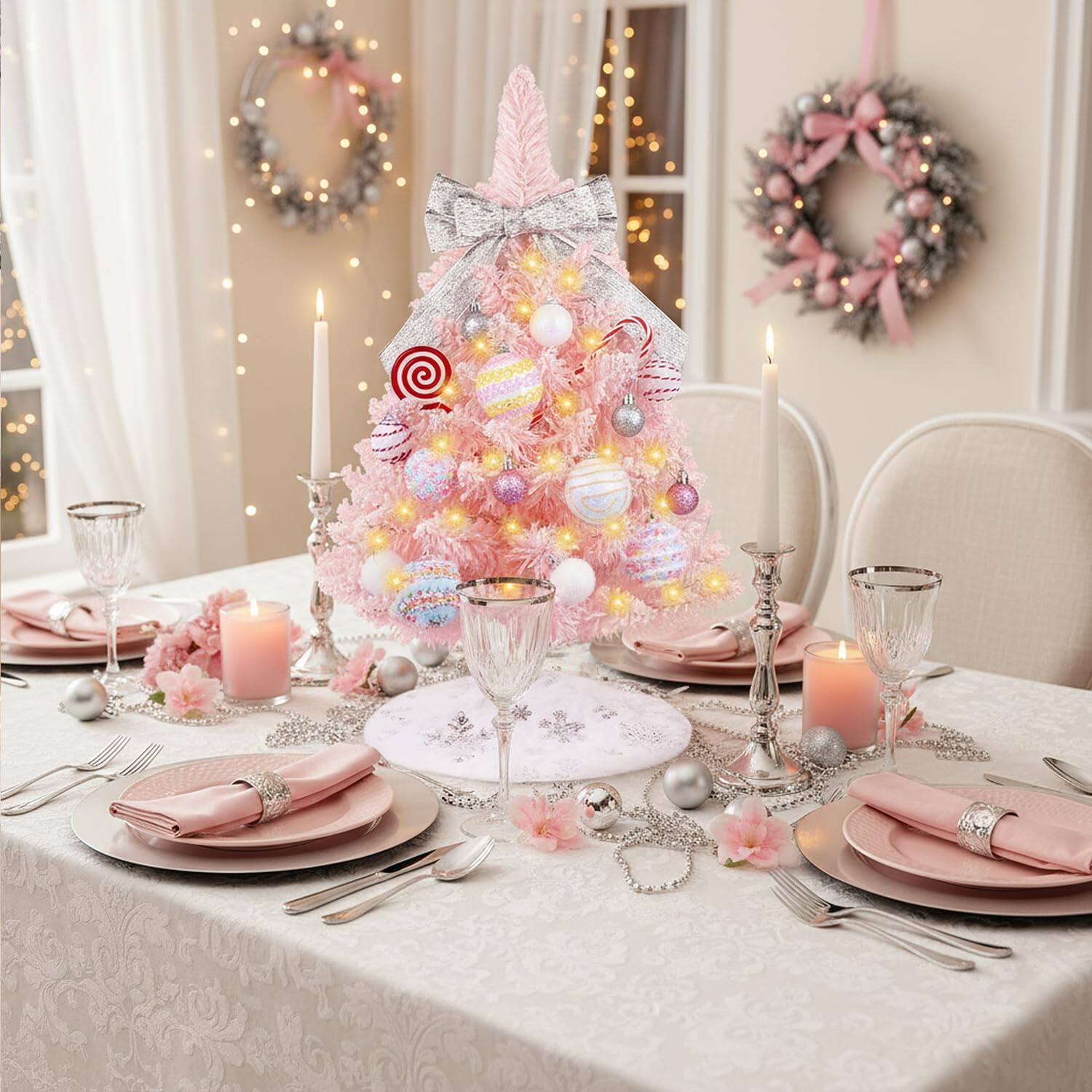 Alt View 1. Stylel Star - Mini Pink Christmas Tree with Lights, 2ft Artificial Small Table Top Christmas Tree with Bow, Ball Ornaments and... - Pink.