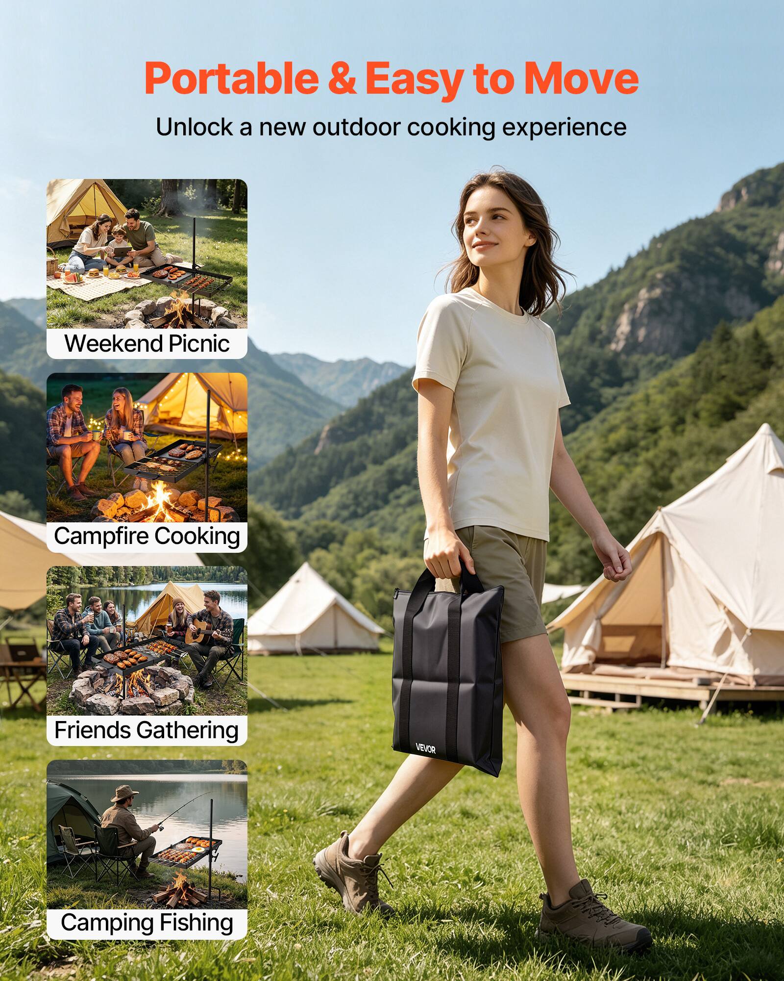 Portable & Easy to Move  
Unlock a new outdoor cooking experience  

Weekend Picnic  
Campfire Cooking  
Friends Gathering  
Camping Fishing
