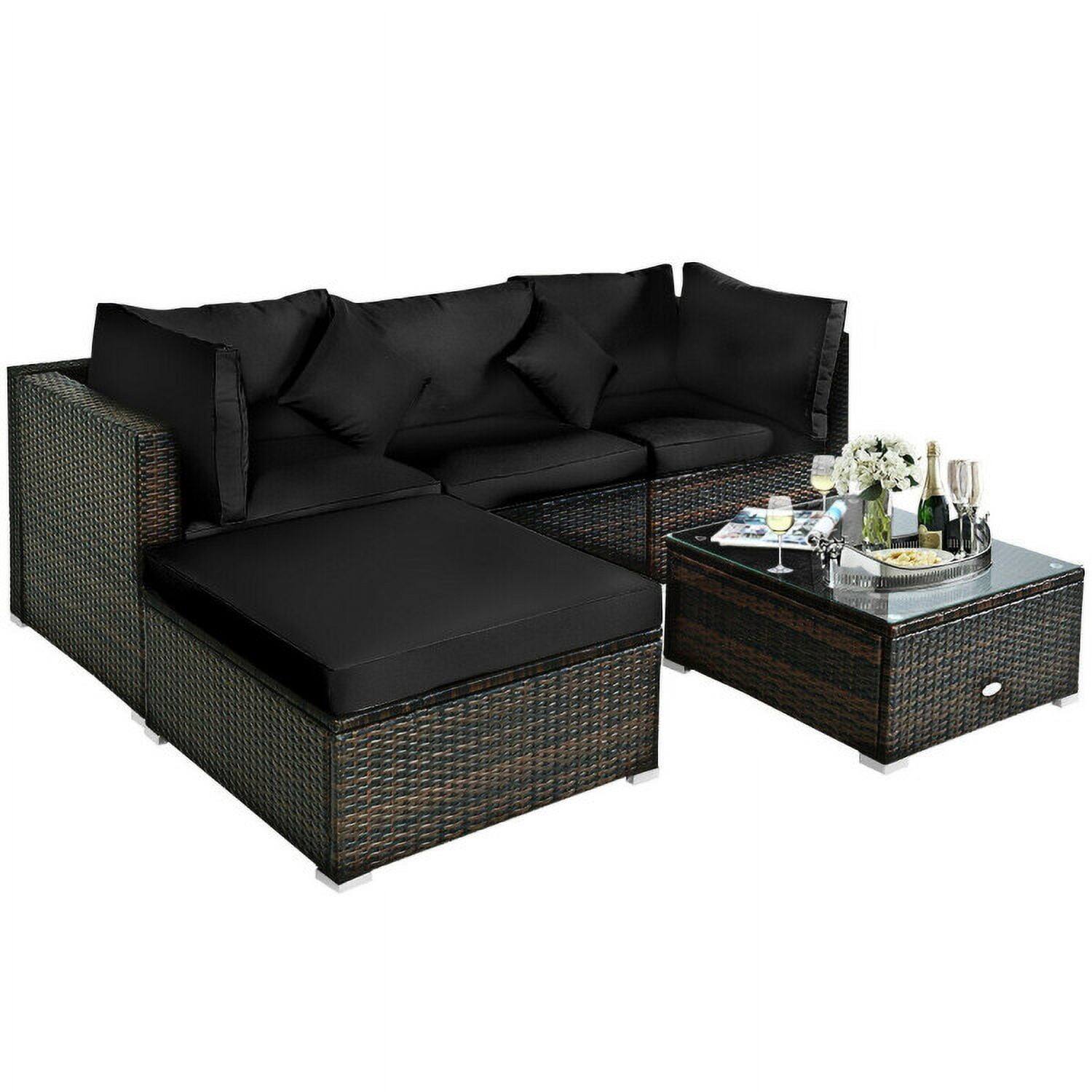 Alt View 2. Kadyn - 5 Pcs Outdoor Patio Rattan Furniture Set Sectional Conversation with Cushions-Black, Patio Seating Conversation - Black.