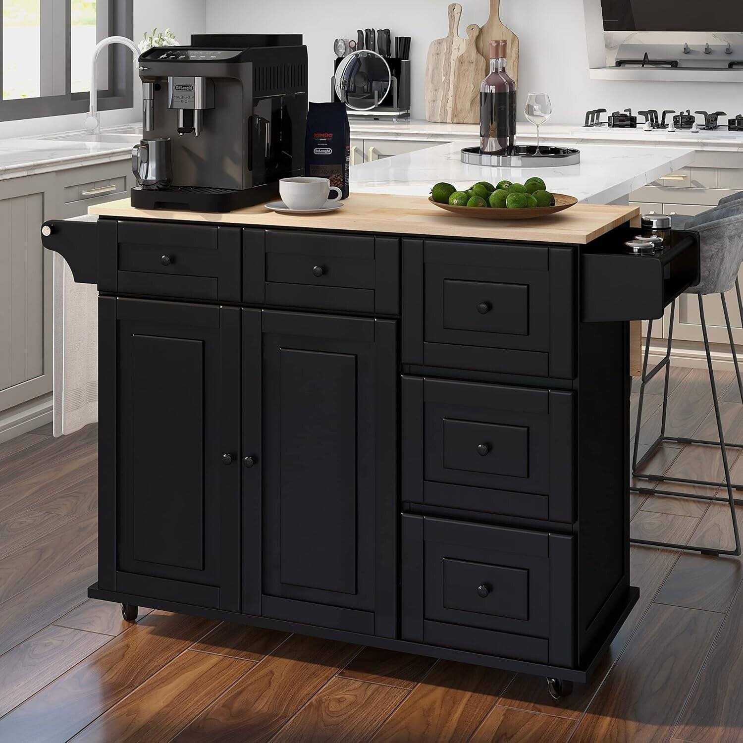 Alt View 5. U-HOMY - Rolling Kitchen Island Cart with Drop Leaf, Wooden Countertop, 2-Door Cabinet, 5 Drawers & Spice Rack - Black.