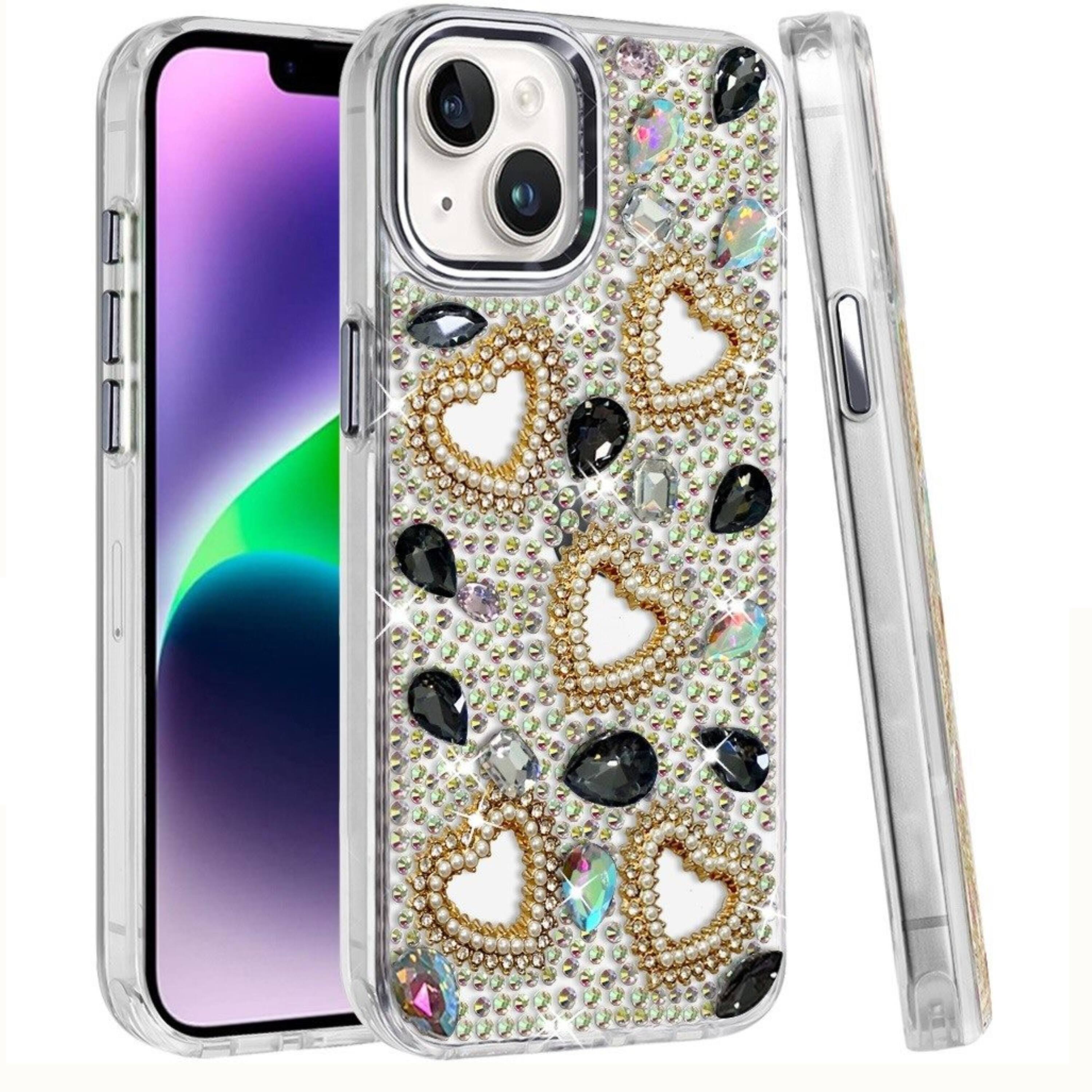 Left. Kitcheniva - Full Bling Heart Rhinestone Case With Tempered Glass For iPhone 13 14 Black - Black.