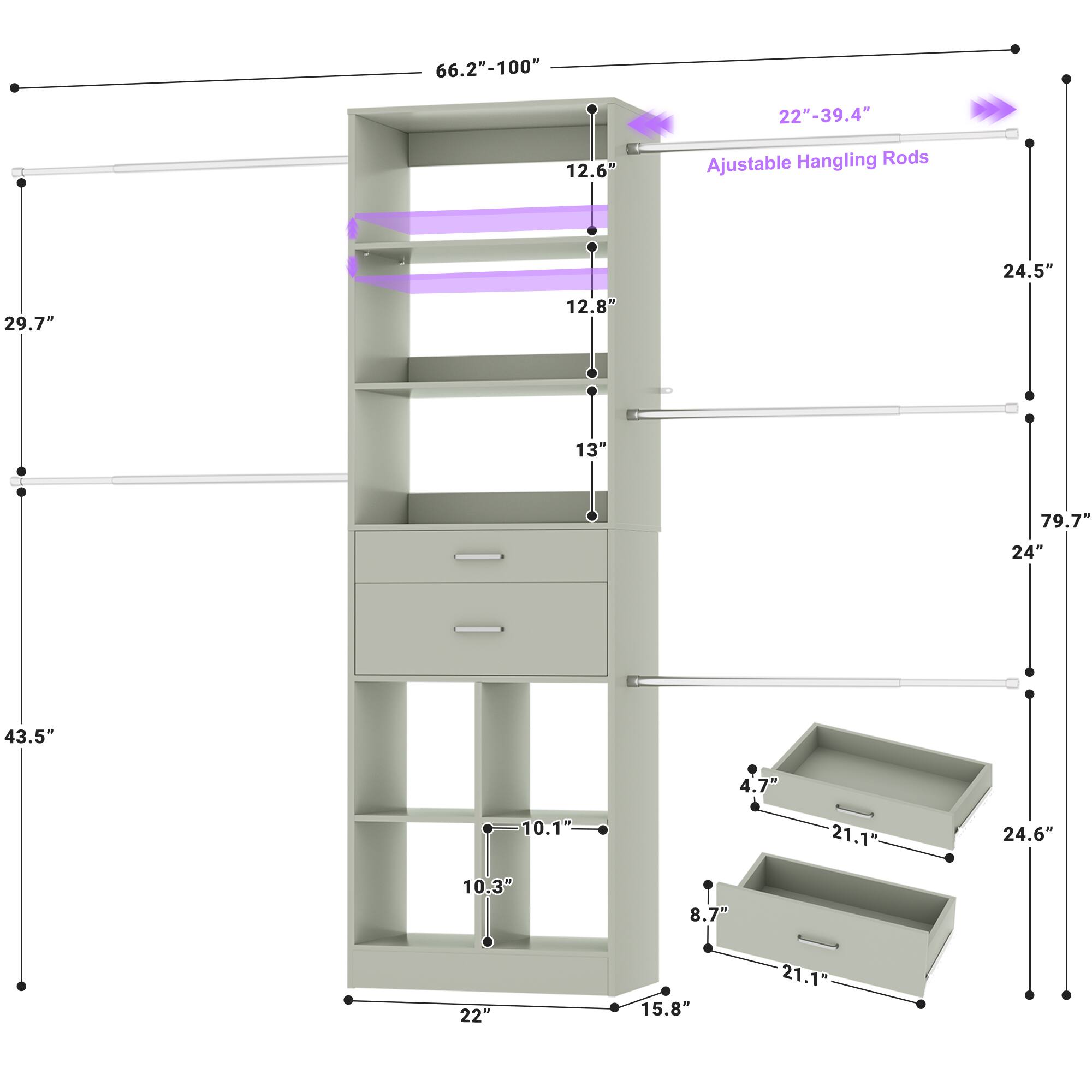 66.2"-100"  
22"-39.4"  
12.6"  
Ajustable Hangling Rods  
24.5"  
29.7"  
12.8"  
13"  
79.7"  
24"  
43.5"  
4.7"  
10.1"  
21.1"  
24.6"  
10.3"  
8.7"  
22"  
15.8"  
21.1"