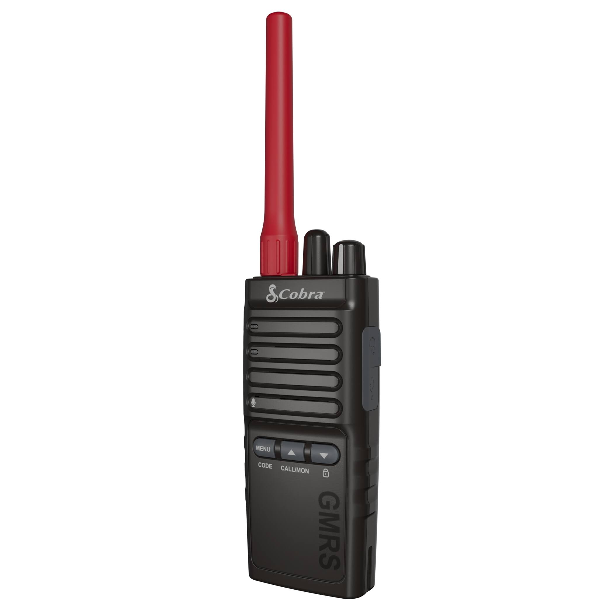 The image features a black and red radio with a red antenna. The radio is a GMRS (General Mobile Radio Service) device, which is designed for short-range communication. The radio is equipped with a menu code that allows users to access various functions, such as call/monitor, channel, and volume. The device is likely used for communication purposes, such as coordinating with other radio users or monitoring the radio frequency for important information.