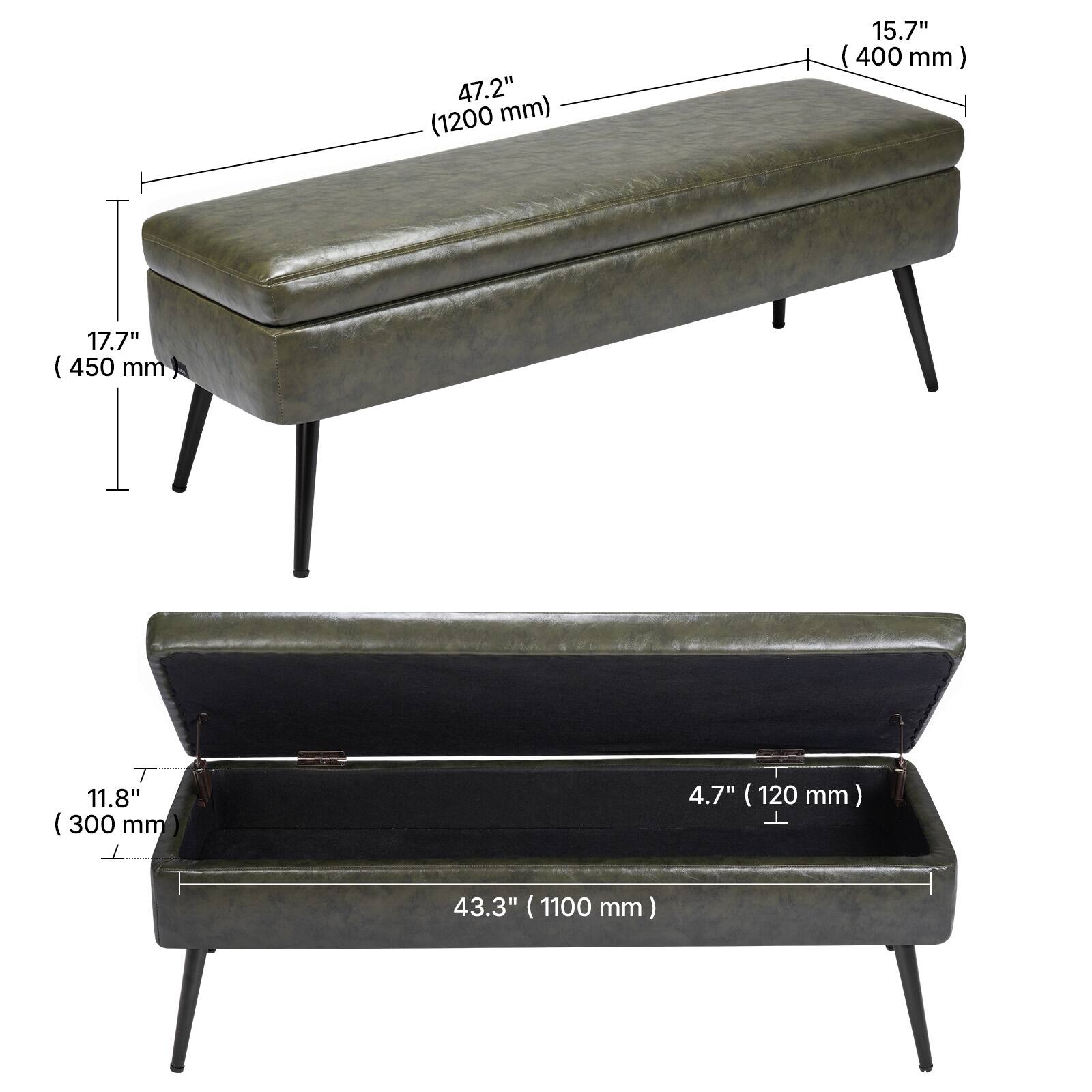 - 47.2" (1200 mm)
- 15.7" (400 mm)
- 17.7" (450 mm)
- 11.8" (300 mm)
- 4.7" (120 mm)
- 43.3" (1100 mm)