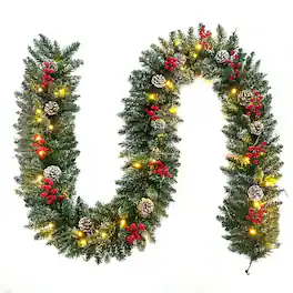 MOVSSOU - 9ft Christmas Garland 50 LED Prelit Artificial Garland with Pine Cones and Berries - Green