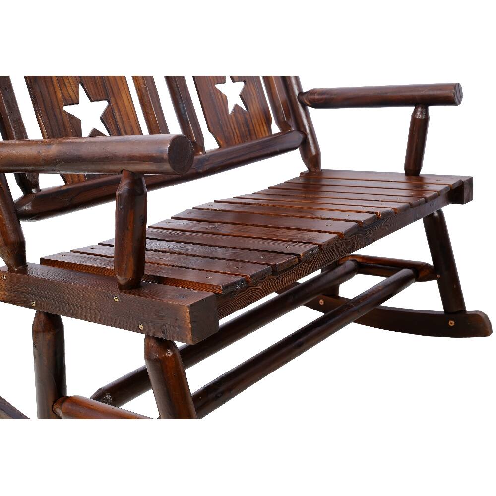 Angle. Loheer - Loheer Outdoor Wood Rocking Bench, Carbonized Double Rocking Chair, Rustic Brown Porch Rocker - Rustic Brown.
