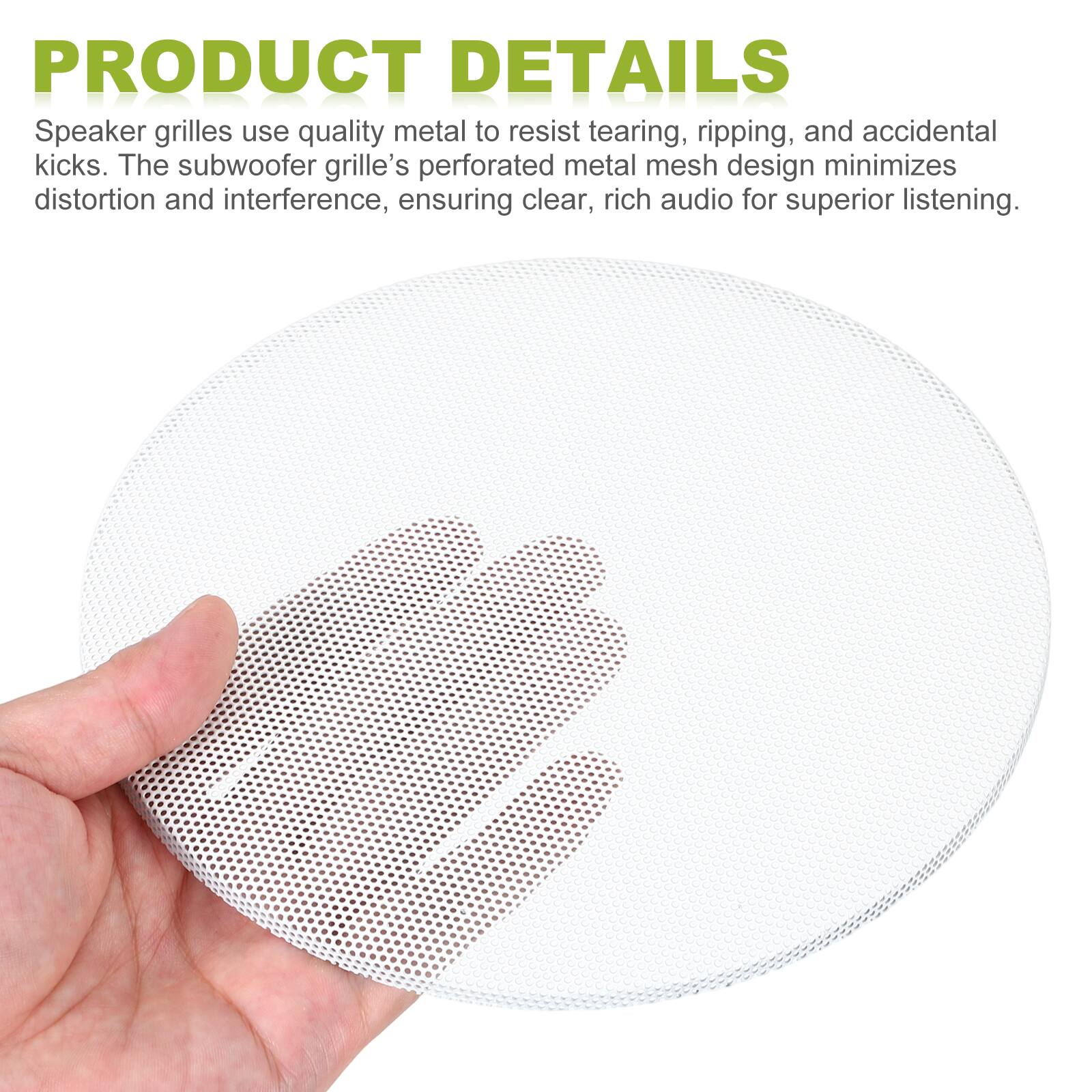 PRODUCT DETAILS

Speaker grilles use quality metal to resist tearing, ripping, and accidental kicks. The subwoofer grille's perforated metal mesh design minimizes distortion and interference, ensuring clear, rich audio for superior listening.