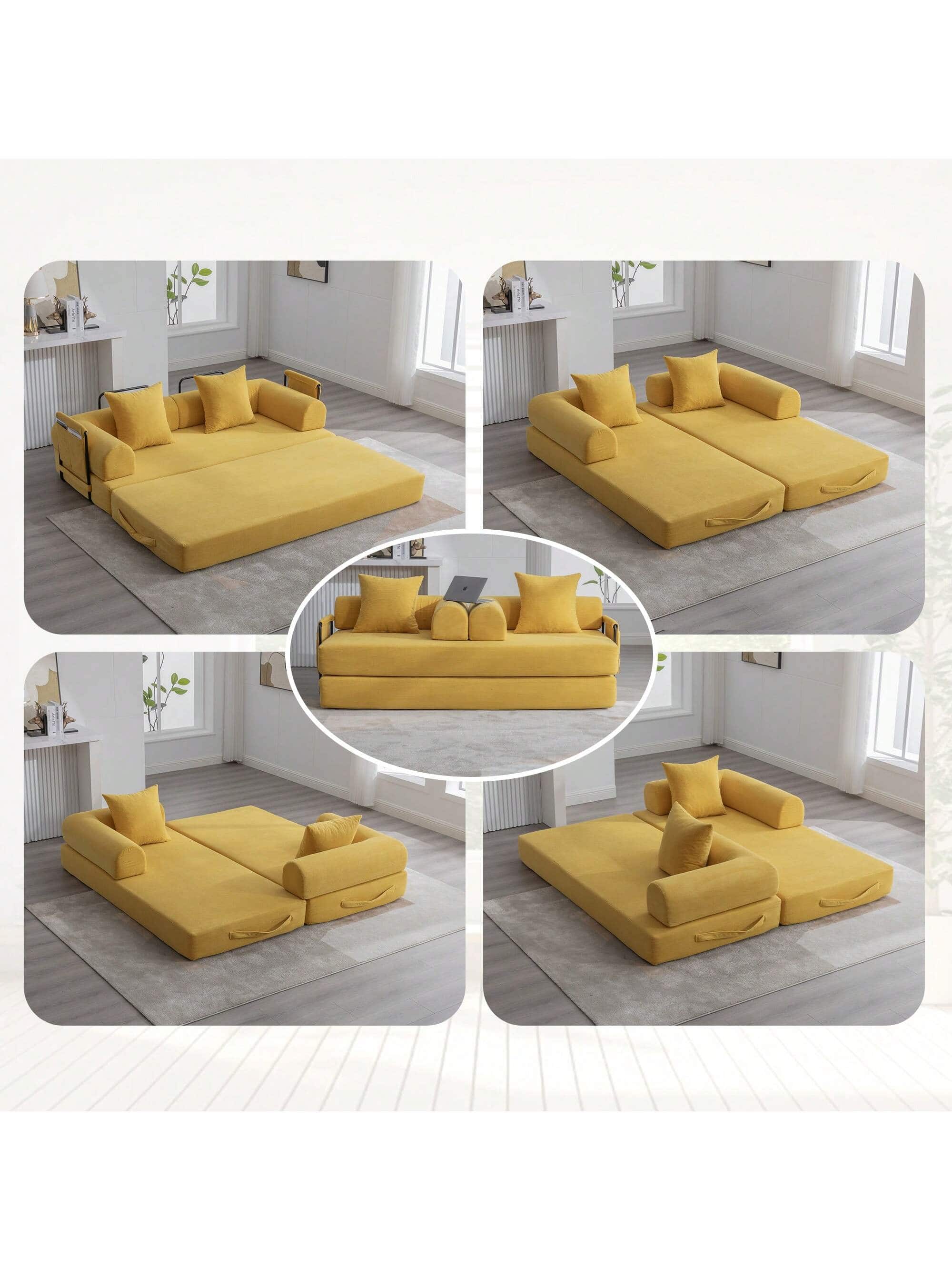 Trinkets Crazed - Convertible Sleeper Sofa Bed With 2 Pillows, 78.5" Corduroy Folding Mattress Couch With Fixed-Shape Frame - Mustard Yellow