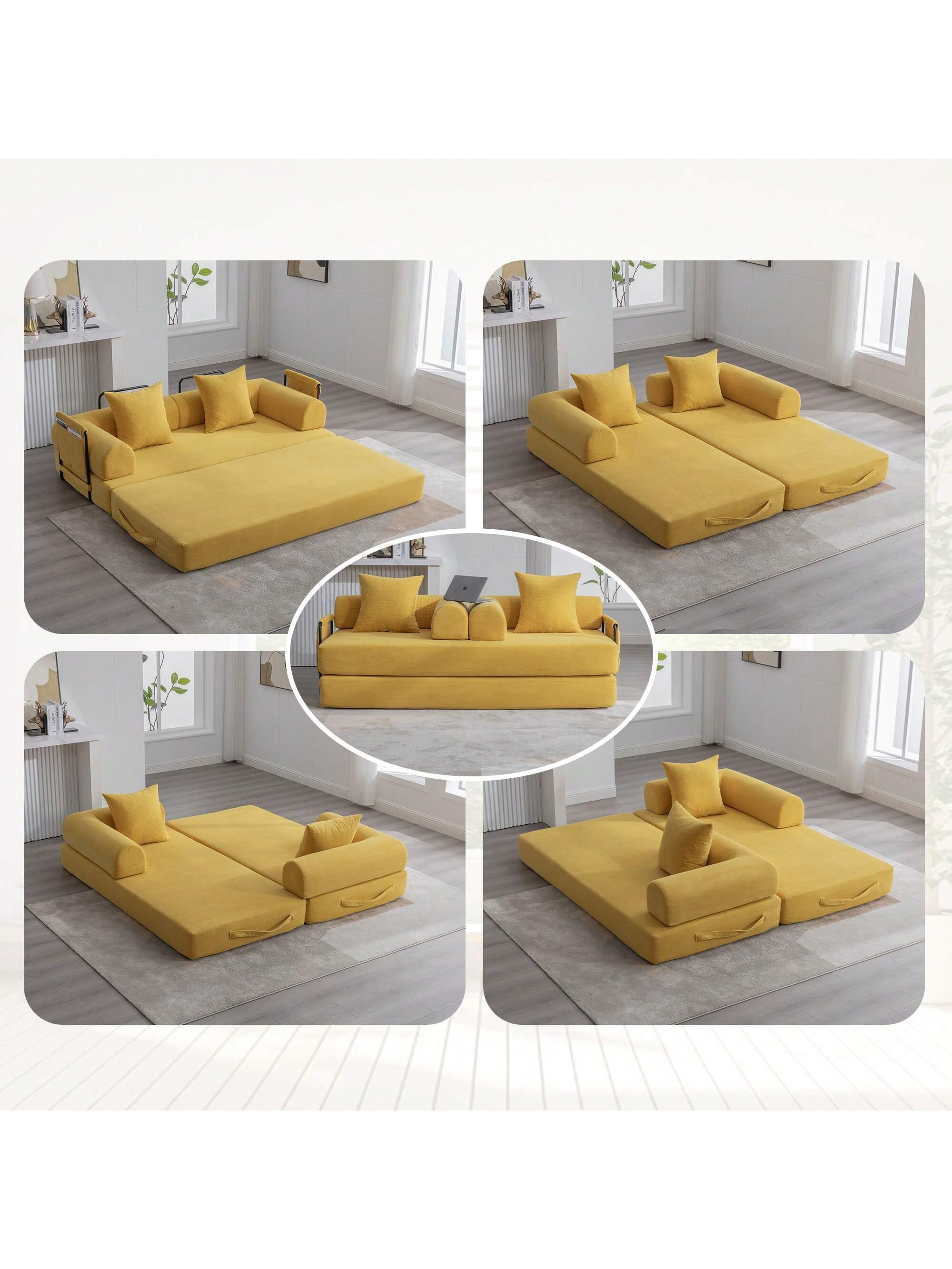 Front. Trinkets Crazed - Convertible Sleeper Sofa Bed With 2 Pillows, 78.5" Corduroy Folding Mattress Couch With Fixed-Shape Frame - Mustard Yellow.