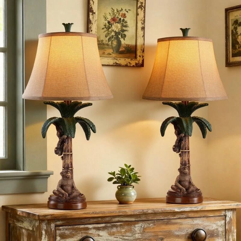 Front. partphoner - Set of 2 Tropical Monkey Palm Tree Resin Table Lamps.