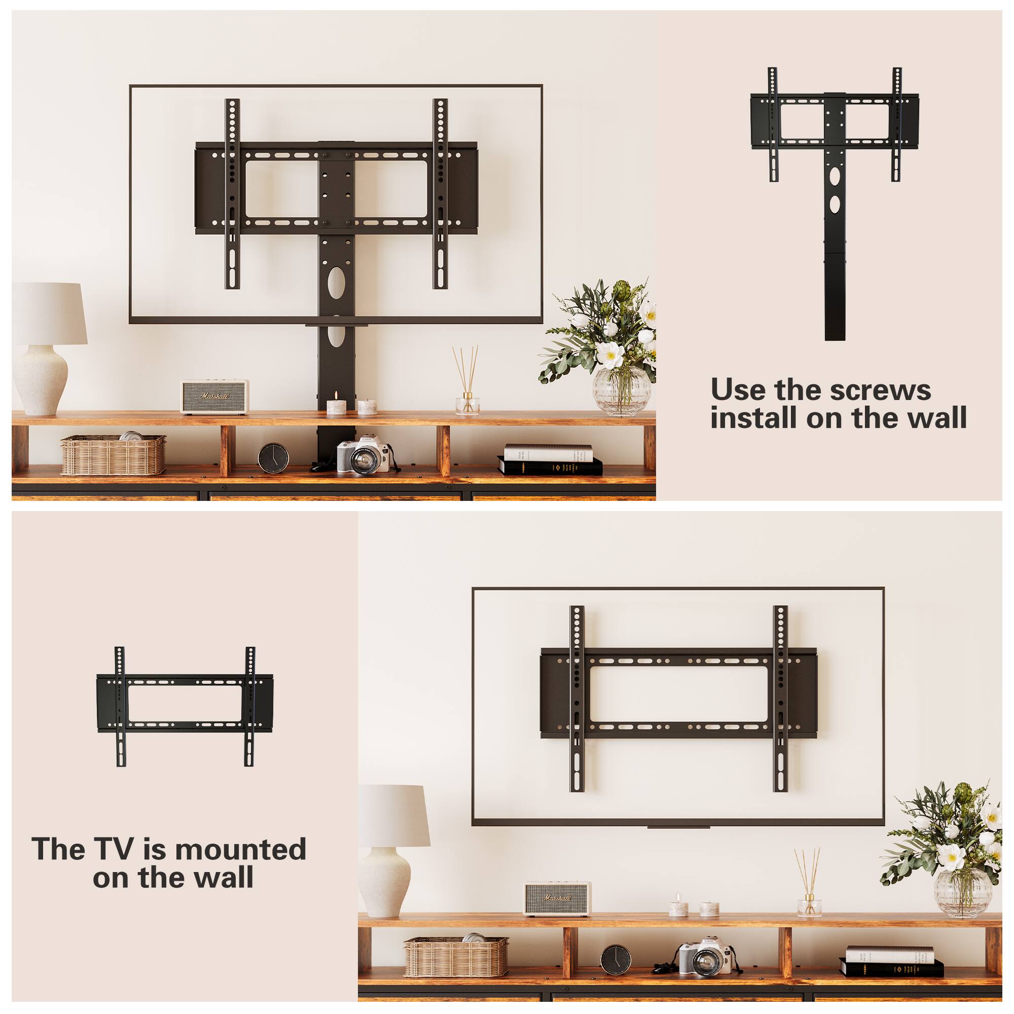 Use the screws to install on the wall.  
The TV is mounted on the wall.