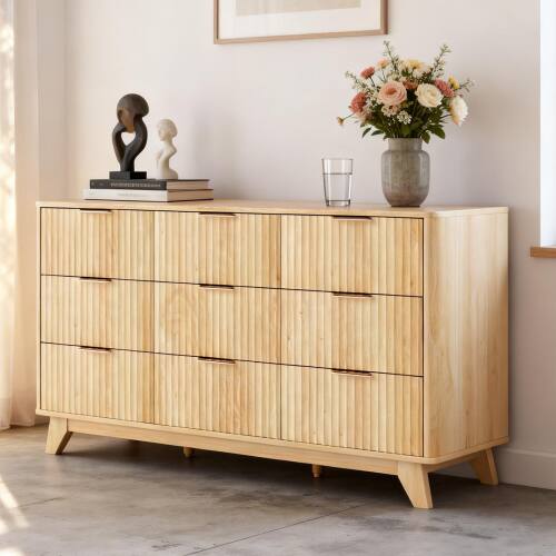 Alt View 7. Winado - 57"L Fluted Chest of Dresser Drawers with 9 Drawers Wide Boho Wood Chest of Drawers Organizer for Living Room Bedroom - Oak.
