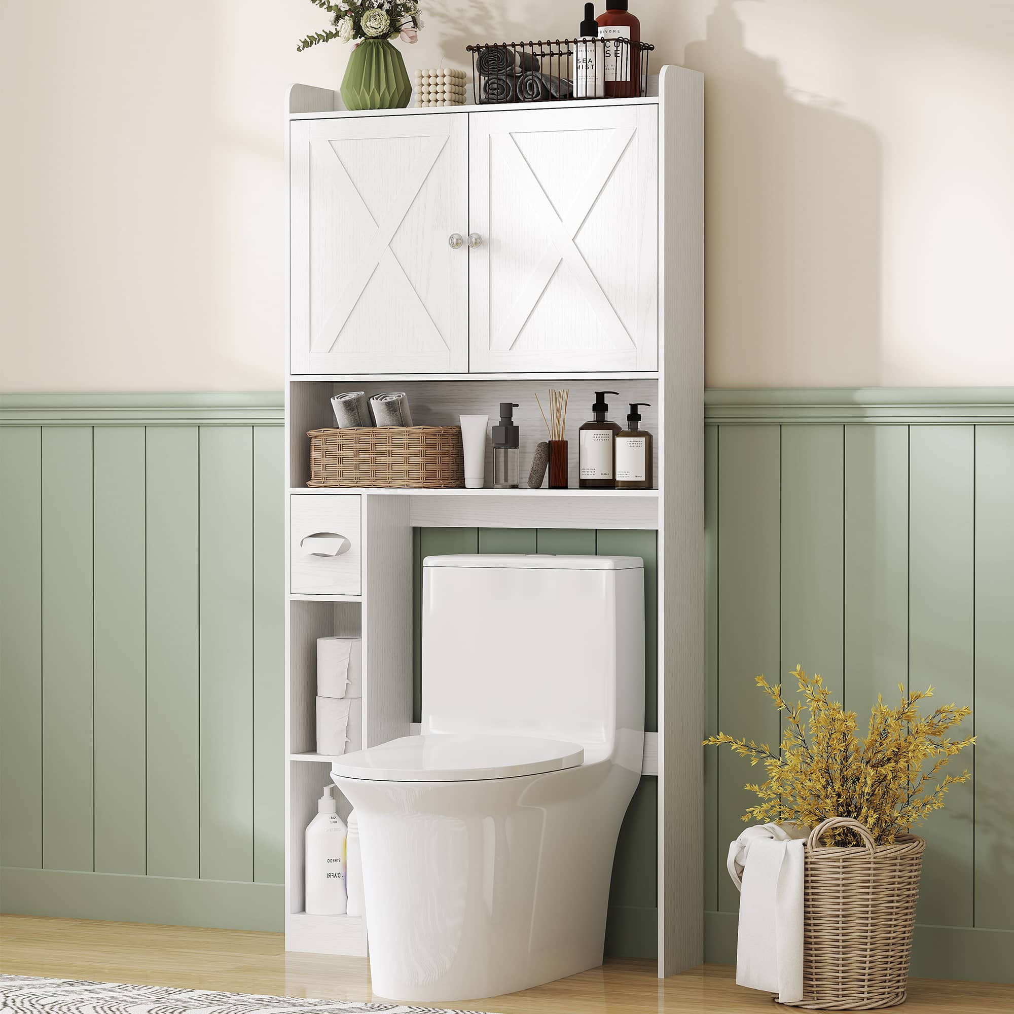 Homcom - Over the Toilet Storage Cabinet, Farmhouse Above Toilet Bathroom Organizer with Barn Doors, Adjustable Shelf - White