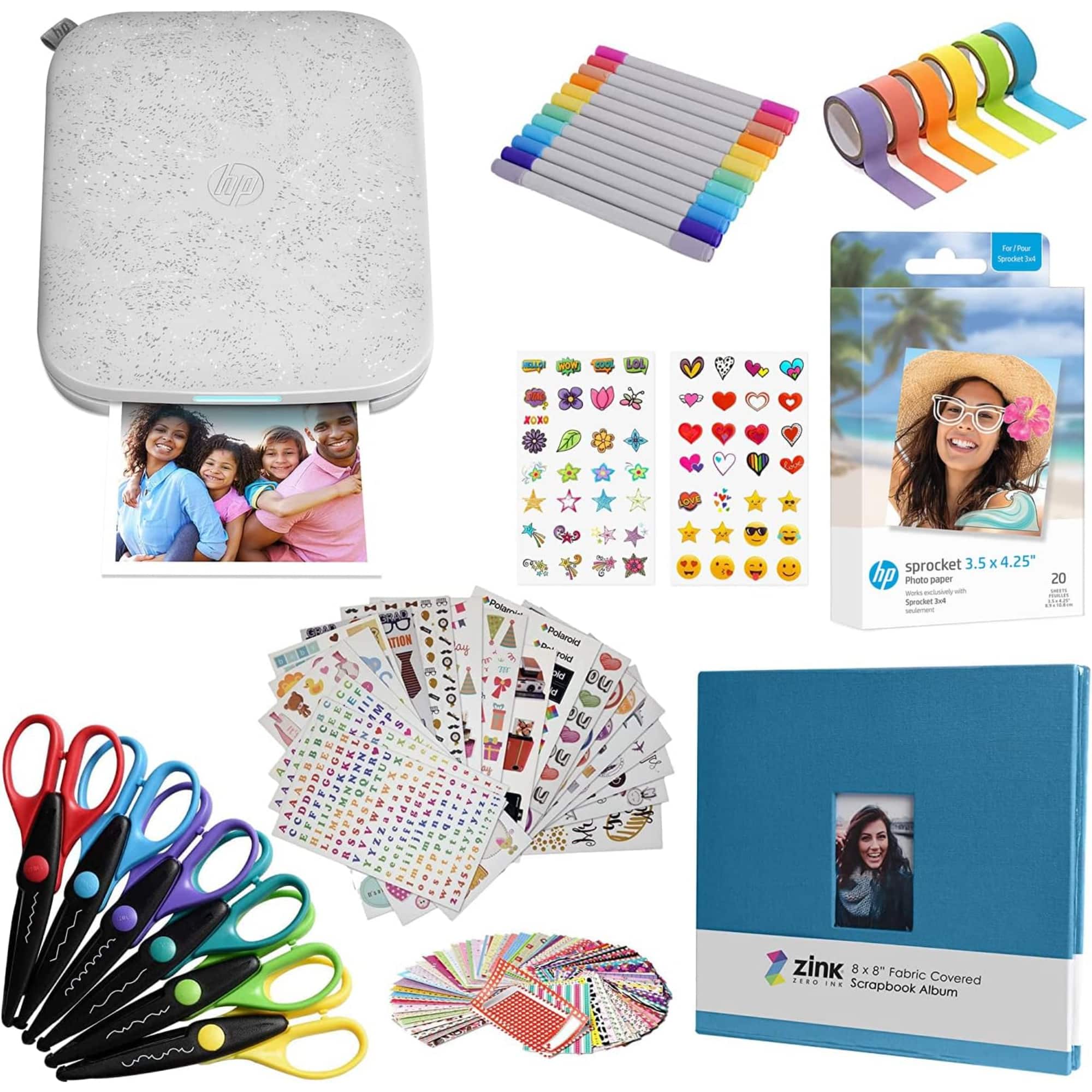 HP - 3x4 Portable Printer - Instant Photo Printer, Album, Zink Paper & Scissors Bundle - White