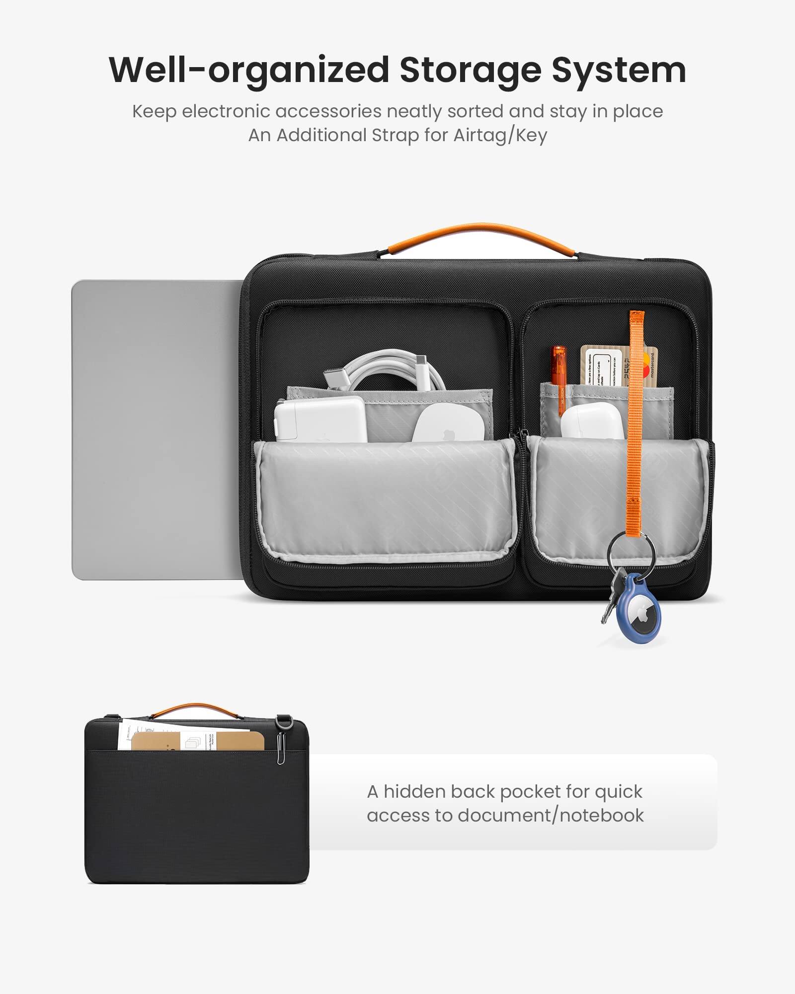 Well-organized Storage System  
Keep electronic accessories neatly sorted and stay in place  
An Additional Strap for AirTag/Key  

A hidden back pocket for quick access to document/notebook