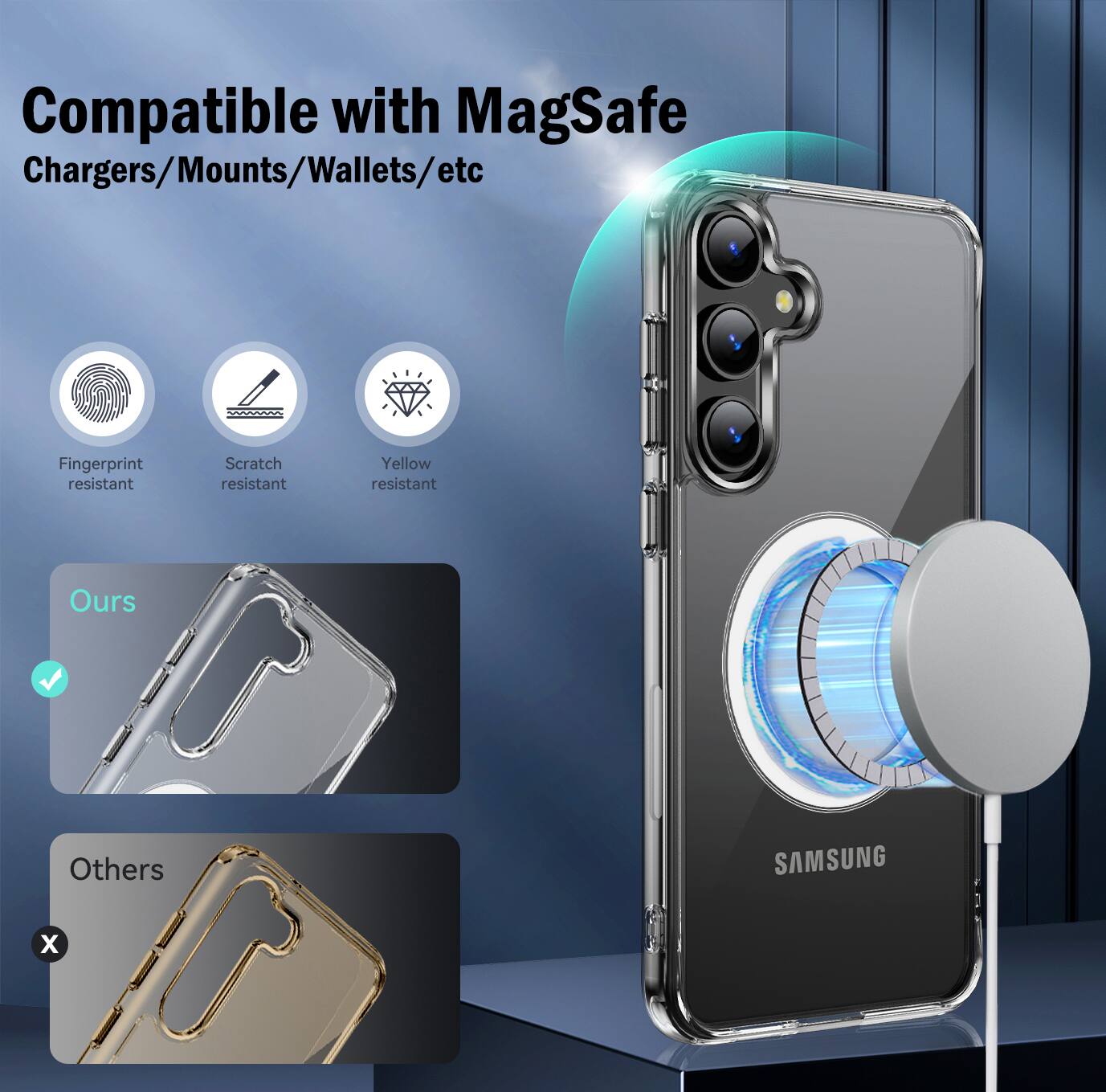 Compatible with MagSafe Chargers/Mounts/Wallets/etc

Fingerprint resistant
Scratch resistant
Yellow resistant

Ours
Others

SAMSUNG
