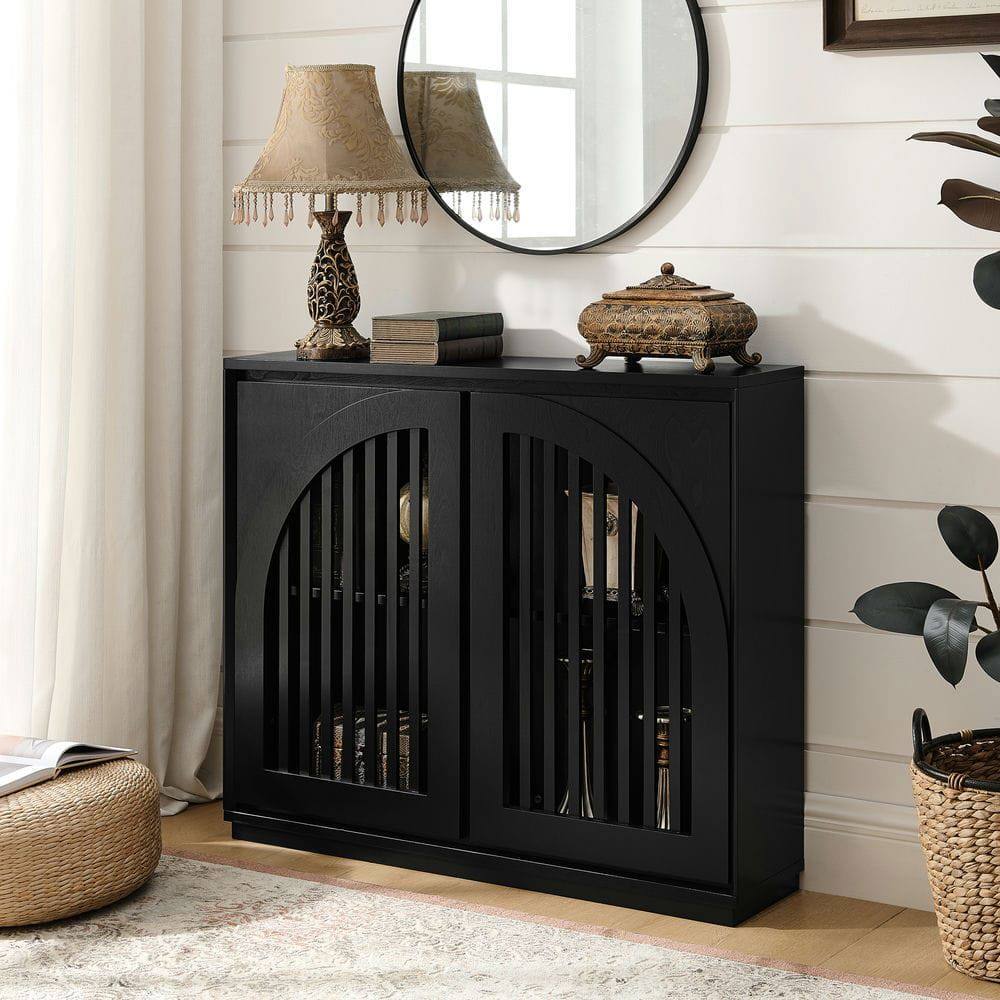 Alt View 7. Kadyn - Mid-Century Fluted Sideboard with 2 Outlet Holes - Black - Black.