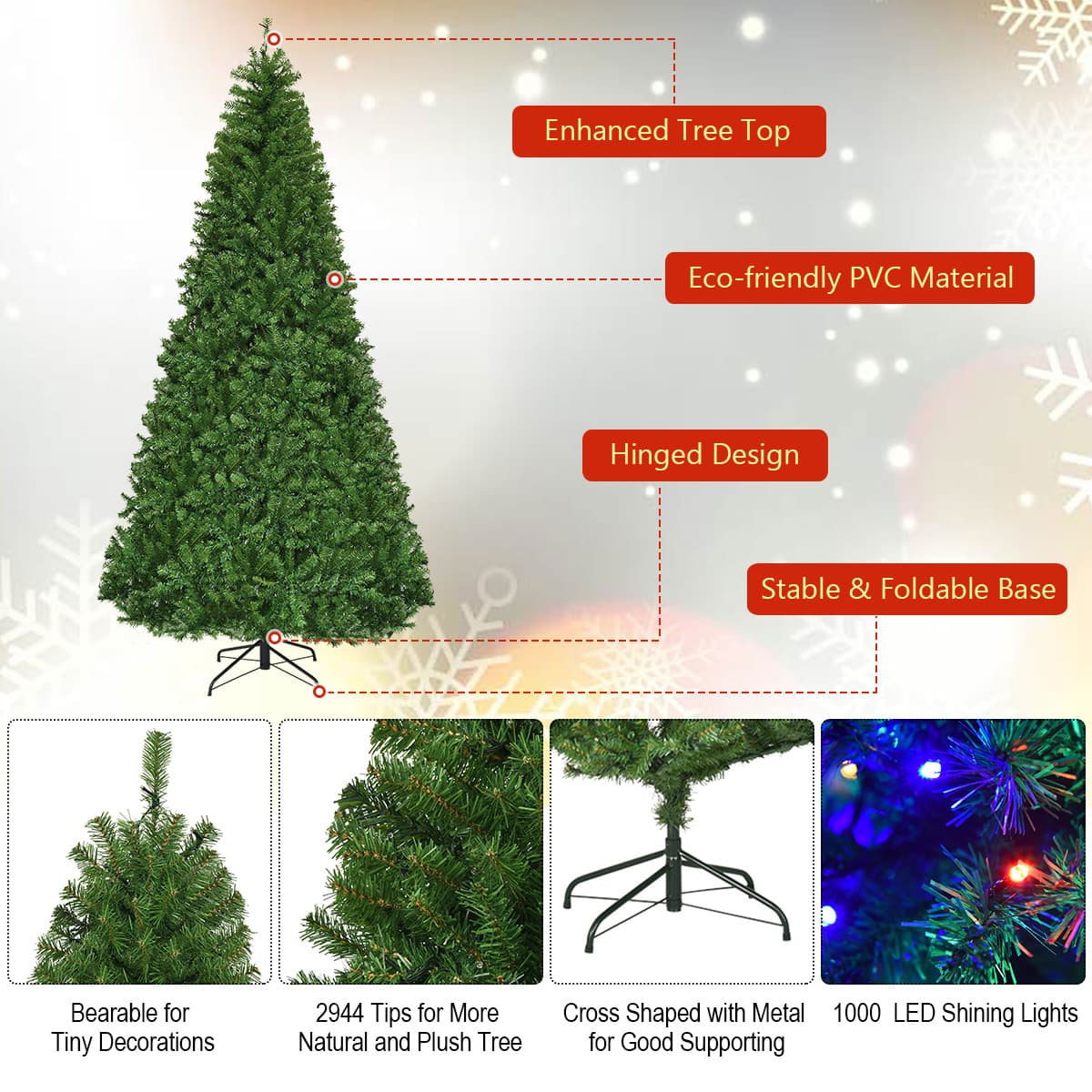 Enhanced Tree Top Eco-friendly PVC Material Hinged Design Stable & Foldable Base Bearable for Tiny Decorations 2944 Tips for More Natural and Plush Tree Cross Shaped with Metal for Good Supporting 1000 LED Shining Lights
