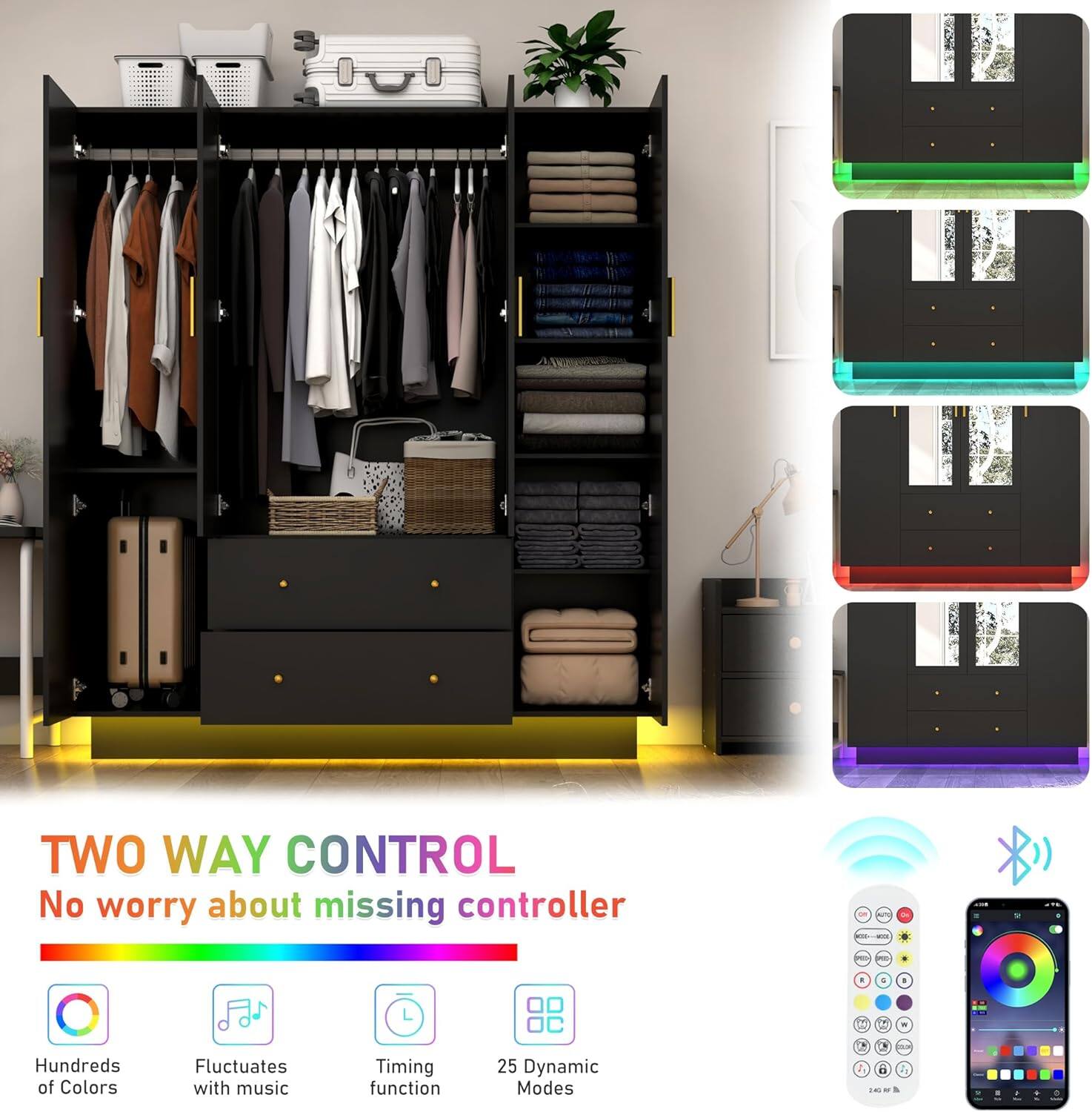 TWO WAY CONTROL  
No worry about missing controller  

- Hundreds of Colors  
- Fluctuates with music  
- Timing function  
- 25 Dynamic Modes