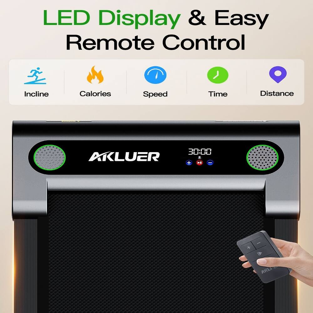 LED Display & Easy Remote Control  
Incline Calories Speed Time Distance  
AKLUER  
30:00  
+ 4 + -