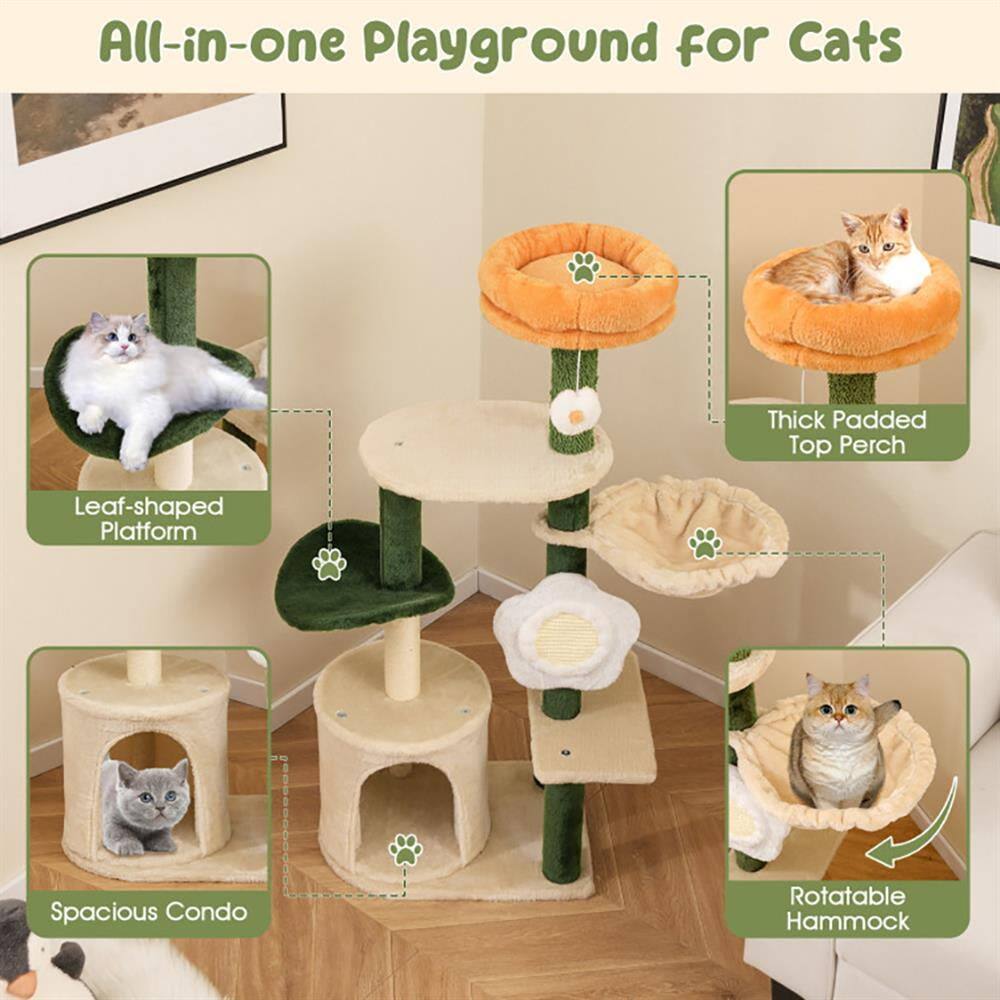 All-in-one Playground for Cats

- Thick Padded Top Perch
- Leaf-shaped Platform
- Spacious Condo
- Rotatable Hammock