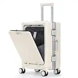 Oumilen - 20 Inch Front Opening Aluminum Frame Carry On Luggage – ABS+PC Hard Shell with TSA Lock, USB Port, Cup Holder - Off White