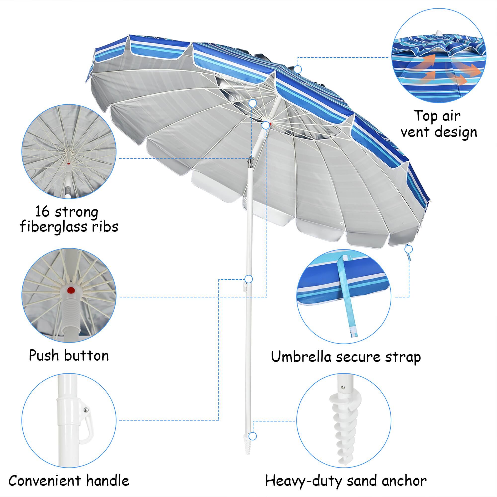 - Top air vent design
- 16 strong fiberglass ribs
- Push button
- Umbrella secure strap
- Convenient handle
- Heavy-duty sand anchor