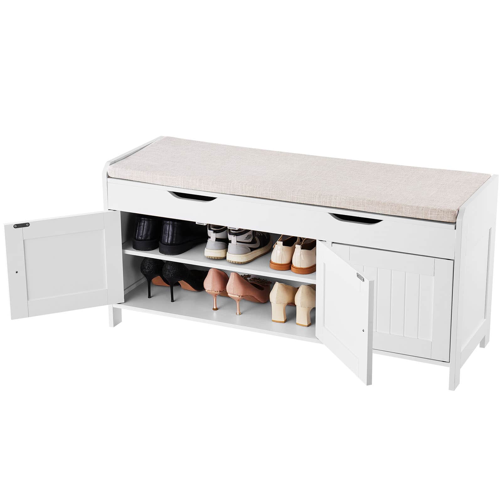 VEVOR - Entryway Bench with Lift-Top Storage, 41.3 x 13.8 x 19.8 Inch Shoe Rack with Cushion, 250lbs Capacity, 3 Cabinets - White + Off-White