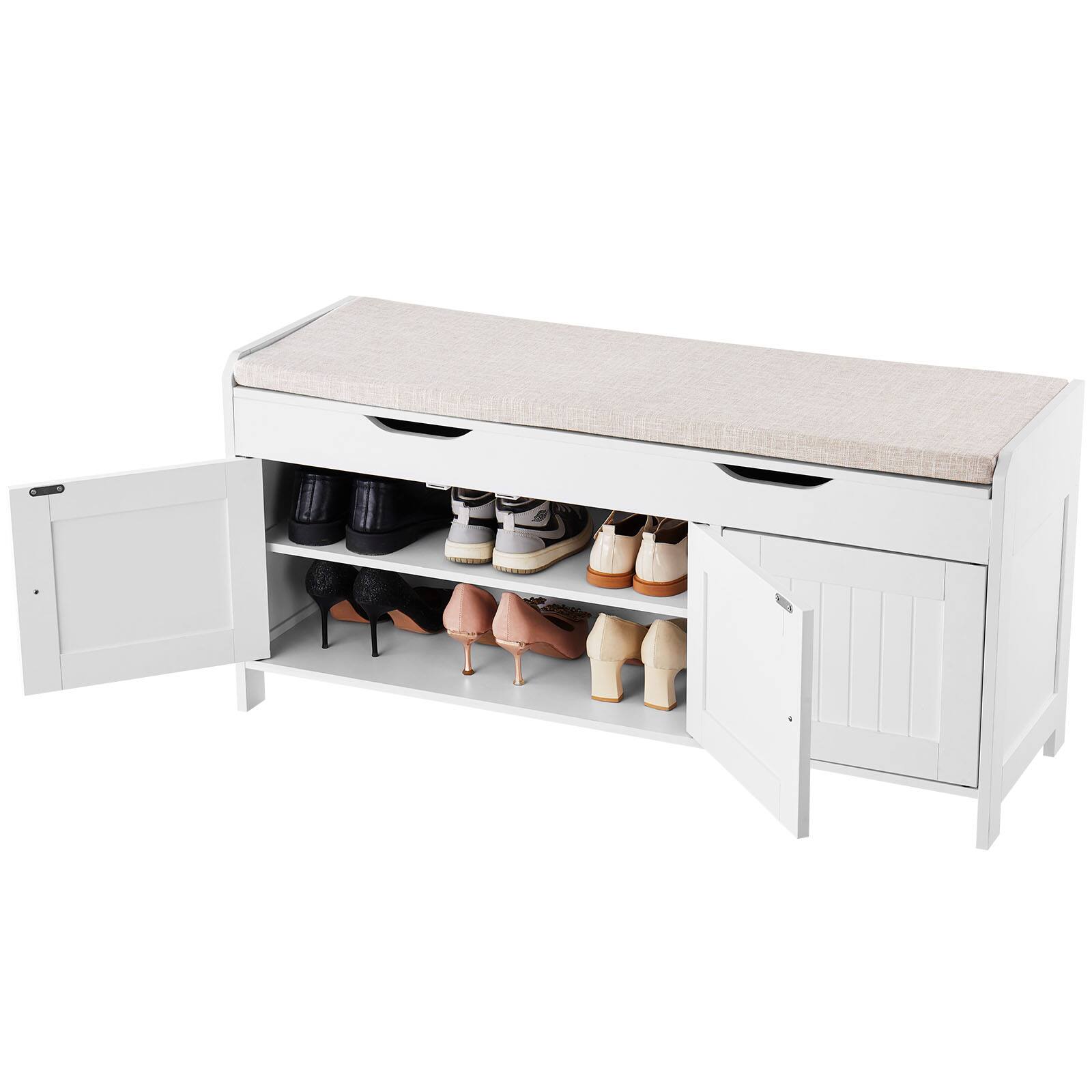 Front. VEVOR - Entryway Bench with Lift-Top Storage, 41.3 x 13.8 x 19.8 Inch Shoe Rack with Cushion, 250lbs Capacity, 3 Cabinets - White + Off-White.