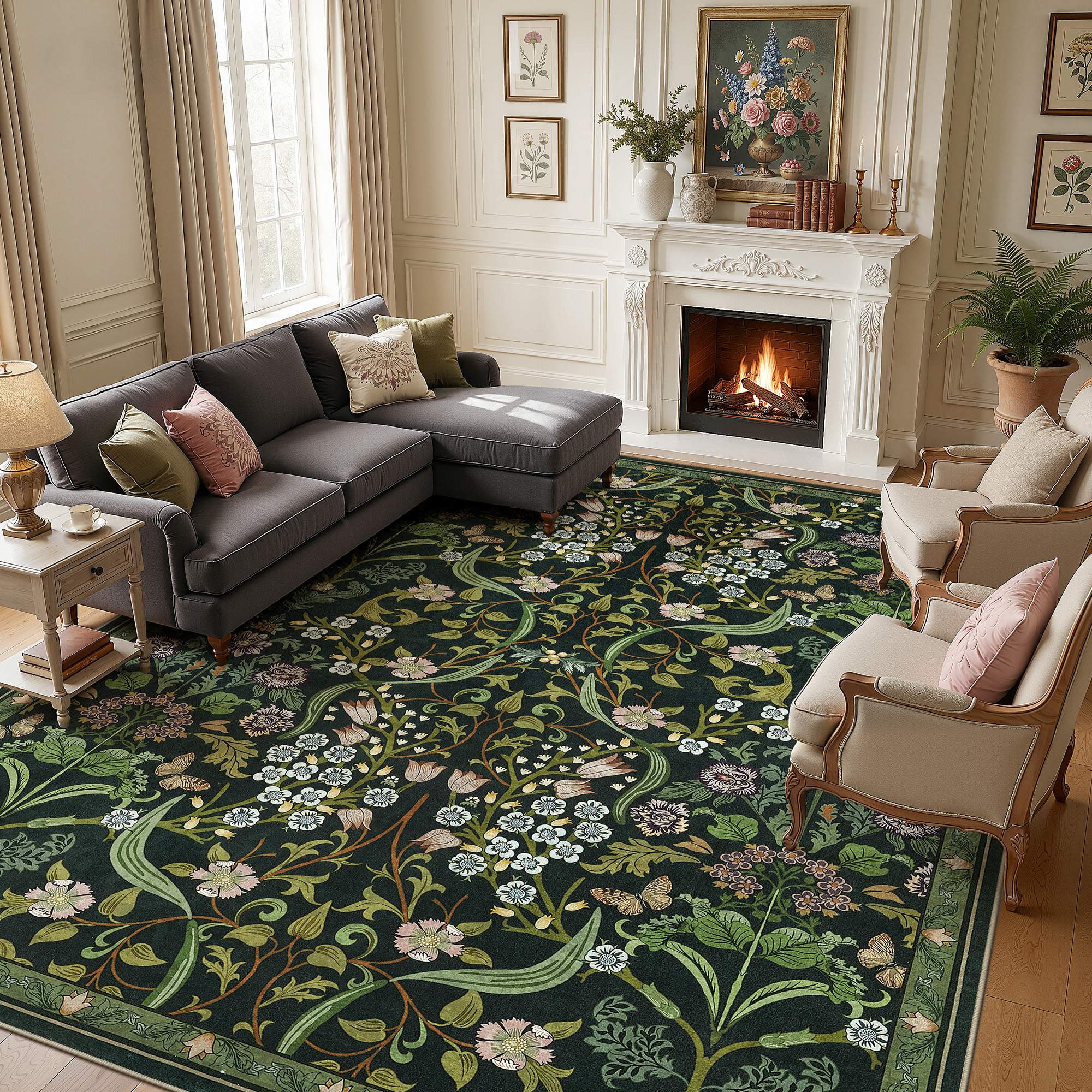 Back. Yardgrace - 6' x 9' ft Farmhouse Floral Area Rug Washable with Non-Slip for Playroom Living Room Bedroom - Green.