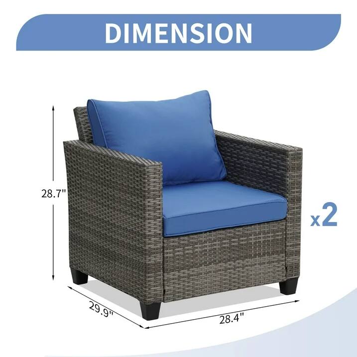 The text on the image reads "Dimension 28.7" x 2 29.9" 28.4"." This information is likely meant to provide the dimensions of the wicker chair with a blue pillow. The dimensions are 28.7" in width, 29.9" in height, and 28.4" in depth.