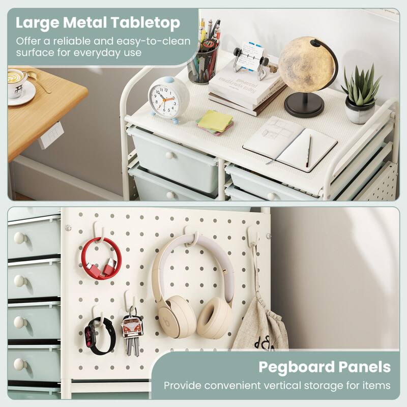 Large Metal Tabletop  
Offer a reliable and easy-to-clean surface for everyday use

Pegboard Panels  
Provide convenient vertical storage for items