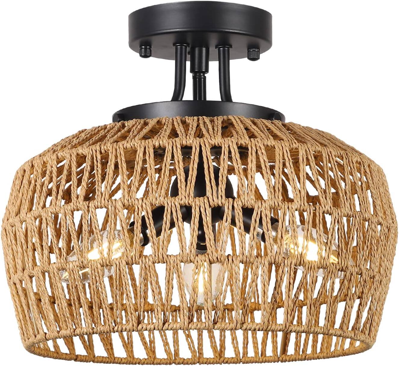 Alt View 4. Malletson - 12.6" Boho Rattan Semi Flush Mount Ceiling Light, 3-Light Natural Wicker Fixture with E12 Socket for Bedroom Kitchen.