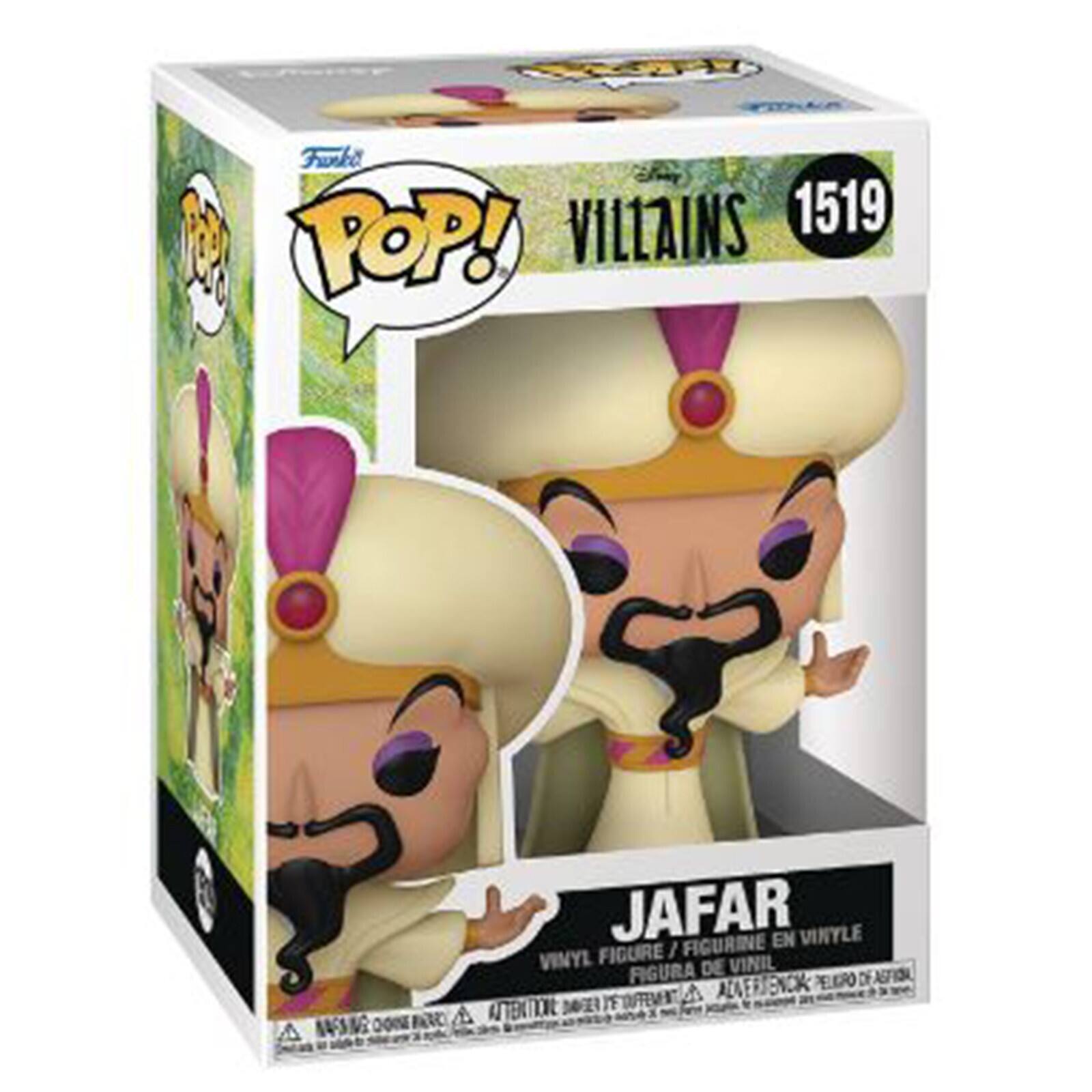 Sure, here is the corrected and grouped text from the image:

---

**Funko POP!**

**VILLAINS 1519**

**JAFAR**

VINYL FIGURE / FIGURINE EN VINYLE  
FIGURA DE VINIL  
FIGURA DE VINIL  
FIGURA DE VINIL

---

This text is from the packaging of a Funko Pop! vinyl figure.