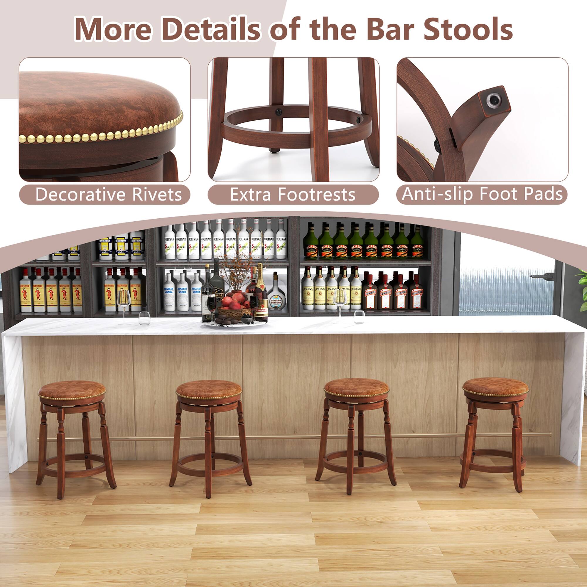 More Details of the Bar Stools

- Decorative Rivets
- Extra Footrests
- Anti-slip Foot Pads