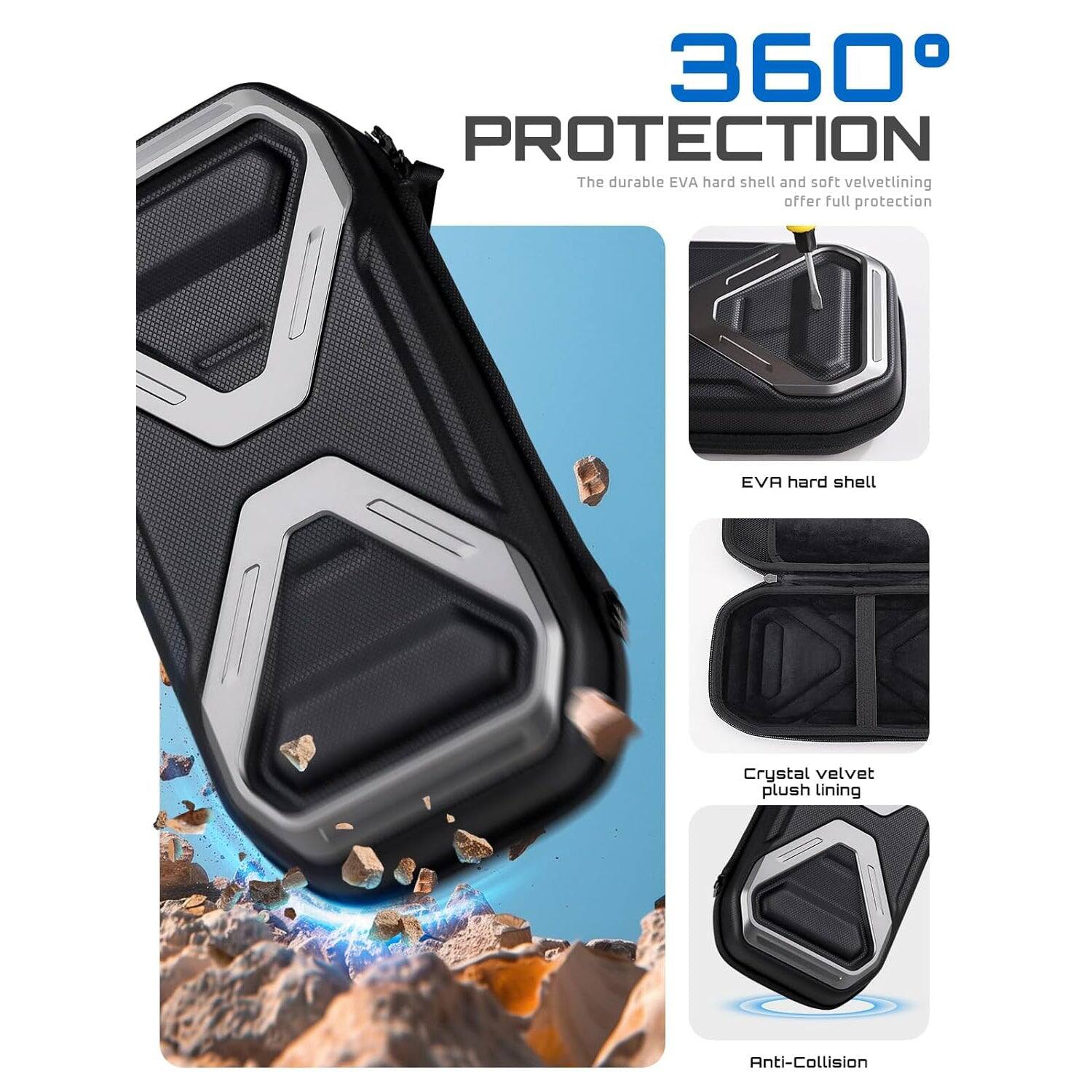 360° PROTECTION  
The durable EVA hard shell and soft velvet lining offer full protection  

EVA hard shell  
Crystal velvet plush lining  
Anti-Collision