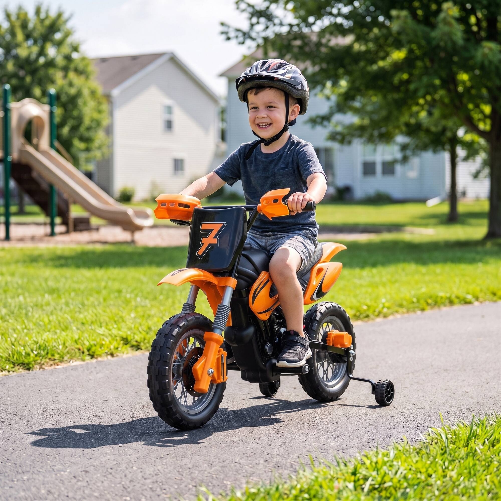 Alt View 8. Qaba - Kids Motorcycle, 2 x 35W Electric Dirt Bike with Training Wheels, Rear Suspension - Orange.