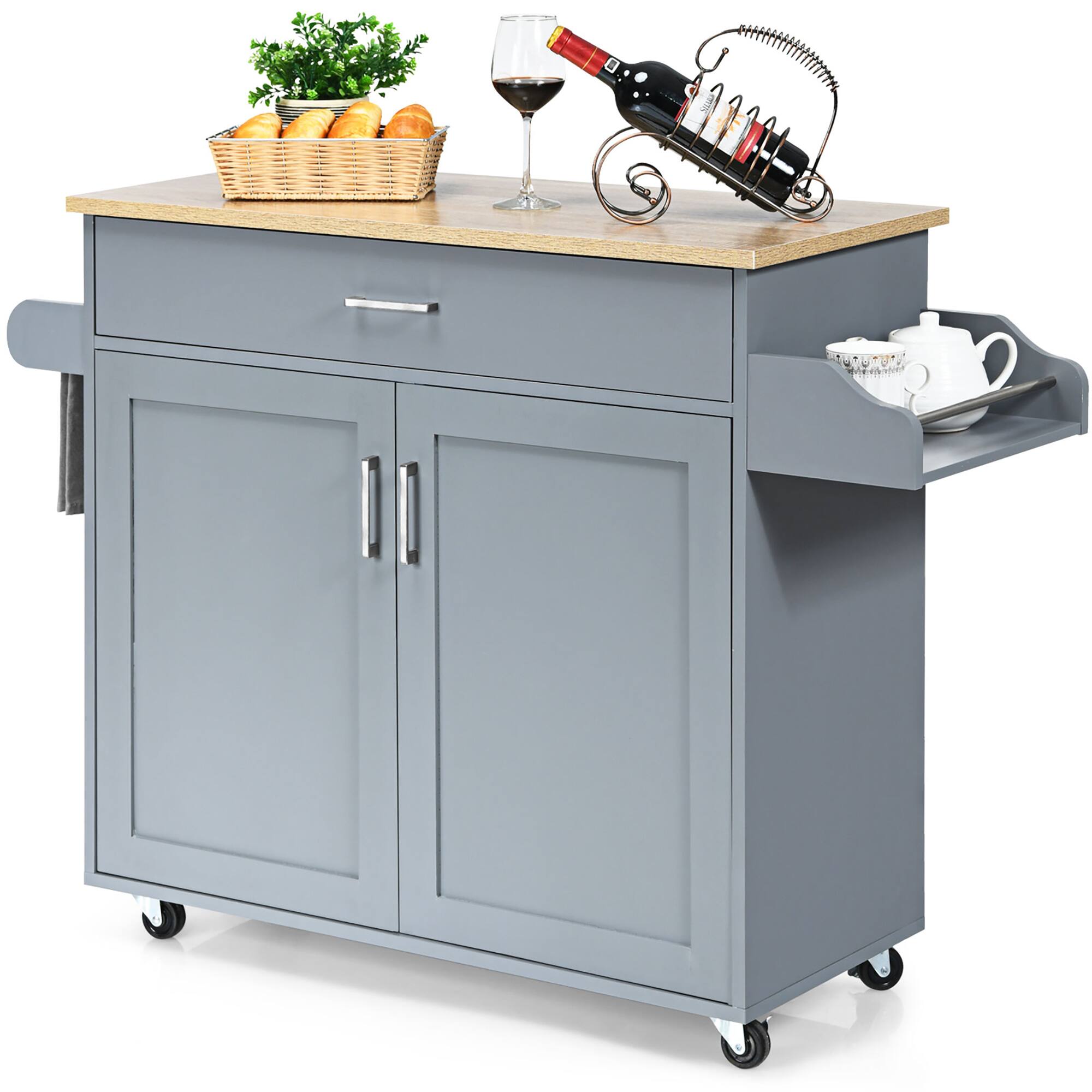 Costway - Rolling Kitchen Island Cart Storage Cabinet w/ Towel & Spice Rack - Gray