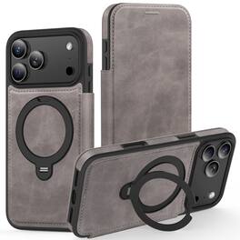 Dteck - For Apple iPhone 17 Pro Max Shockproof Leather RFID Blocking Card Slots Full Protection Mag Safe Case RIng Kickstand - Gray