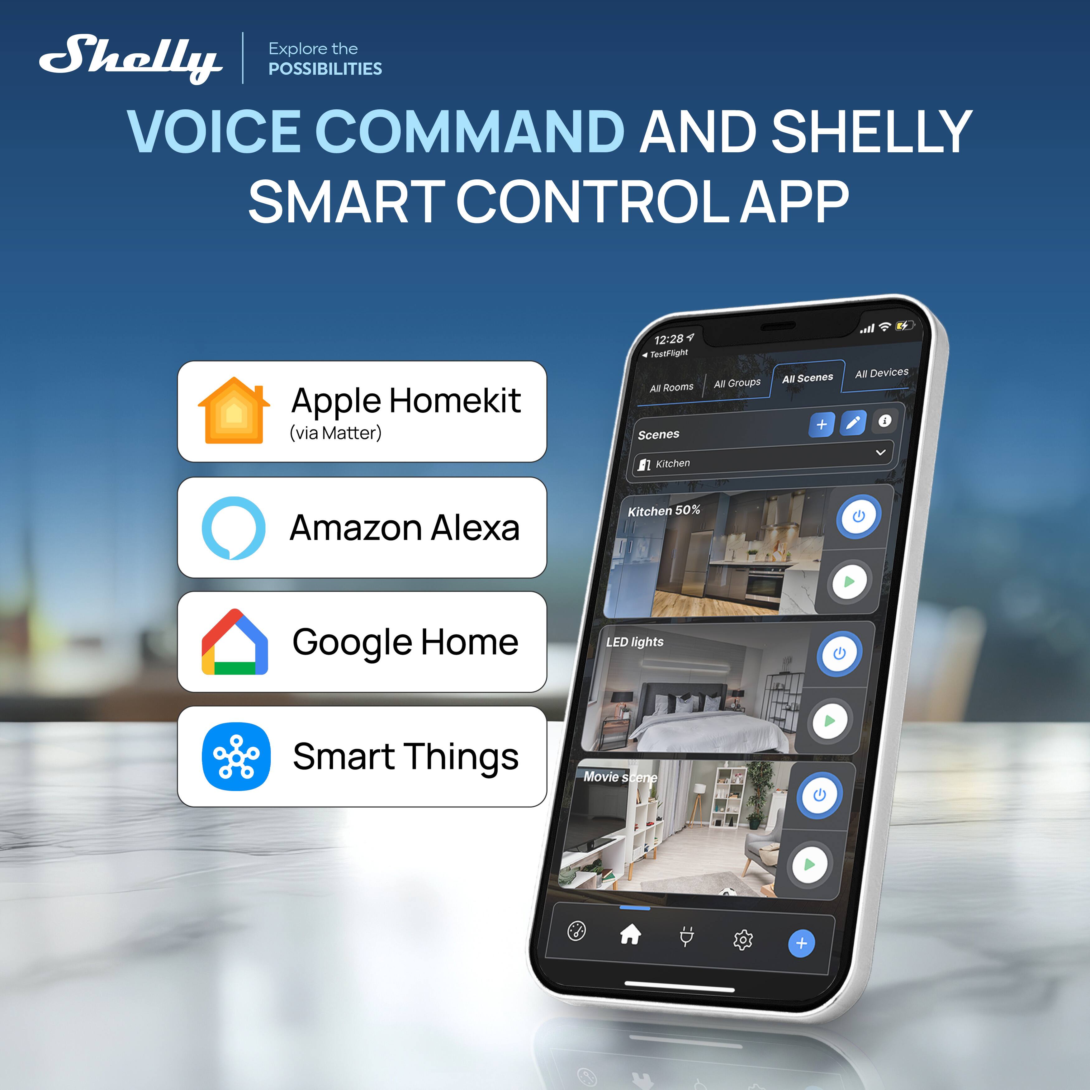 Explore the Shelly POSSIBILITIES VOICE COMMAND AND SHELLY SMART CONTROL APP Apple Homekit (via Matter) 12:28 Testflight All Sooma Scenes All Groups ARl Scenes + EF AR Devices E Kichen Amazon Alexa Kitchen 50% Google Home LED lights Smart Things Movie stene