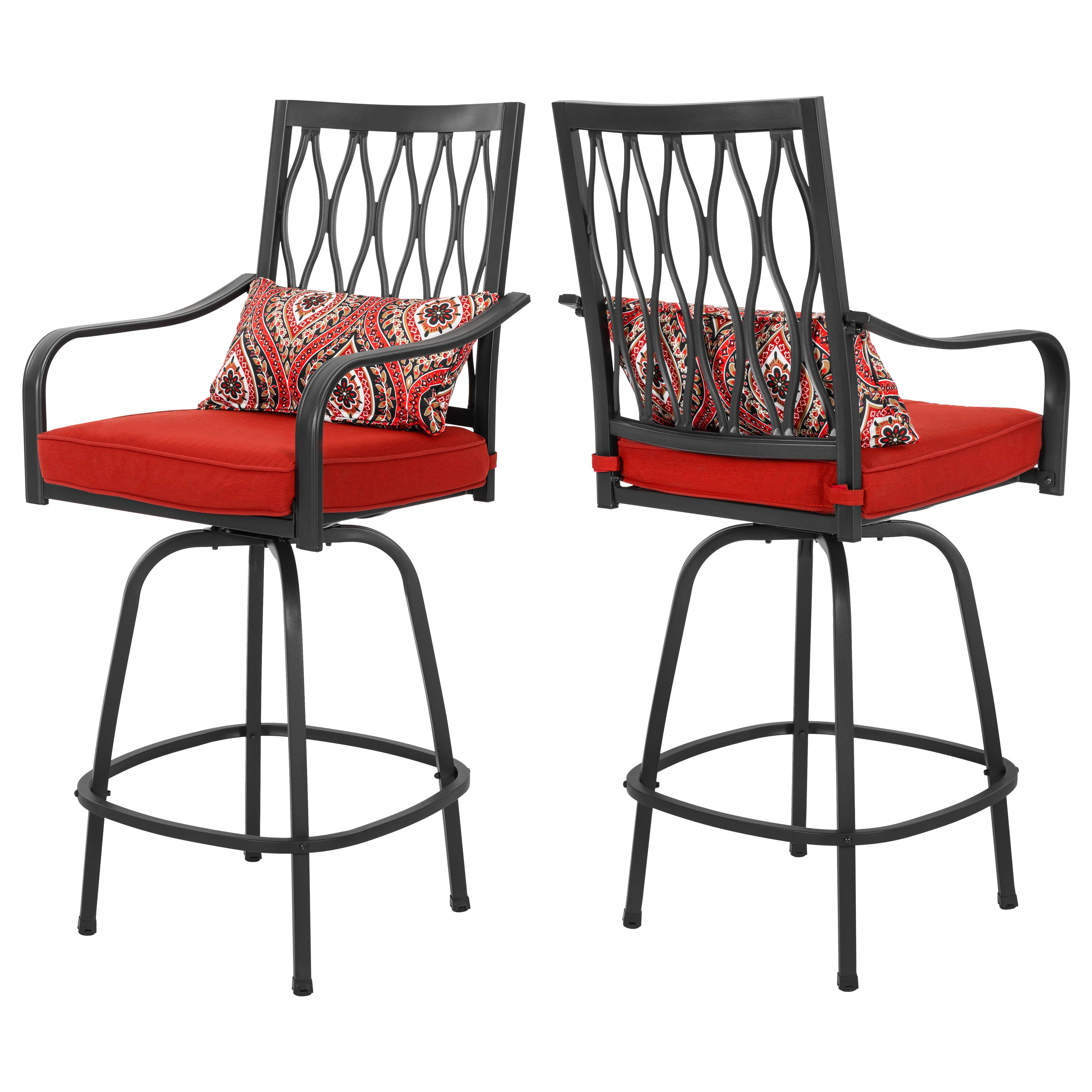 Angle. Nuu Garden - 2-Piece Outdoor Patio Metal Swivel Bar Stools with Padded Cushions and Extra Pillows, Square-to-Round Footrest - Black and Red.