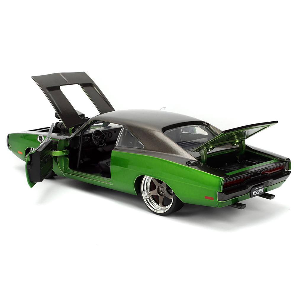 Back. Jada - 1970 Dodge Charger R/T Dark Gray Metallic and Green Metallic with Dark Gray Stripes "Bigtime Muscle" Series 1/24 - Dark Gray Metallic.