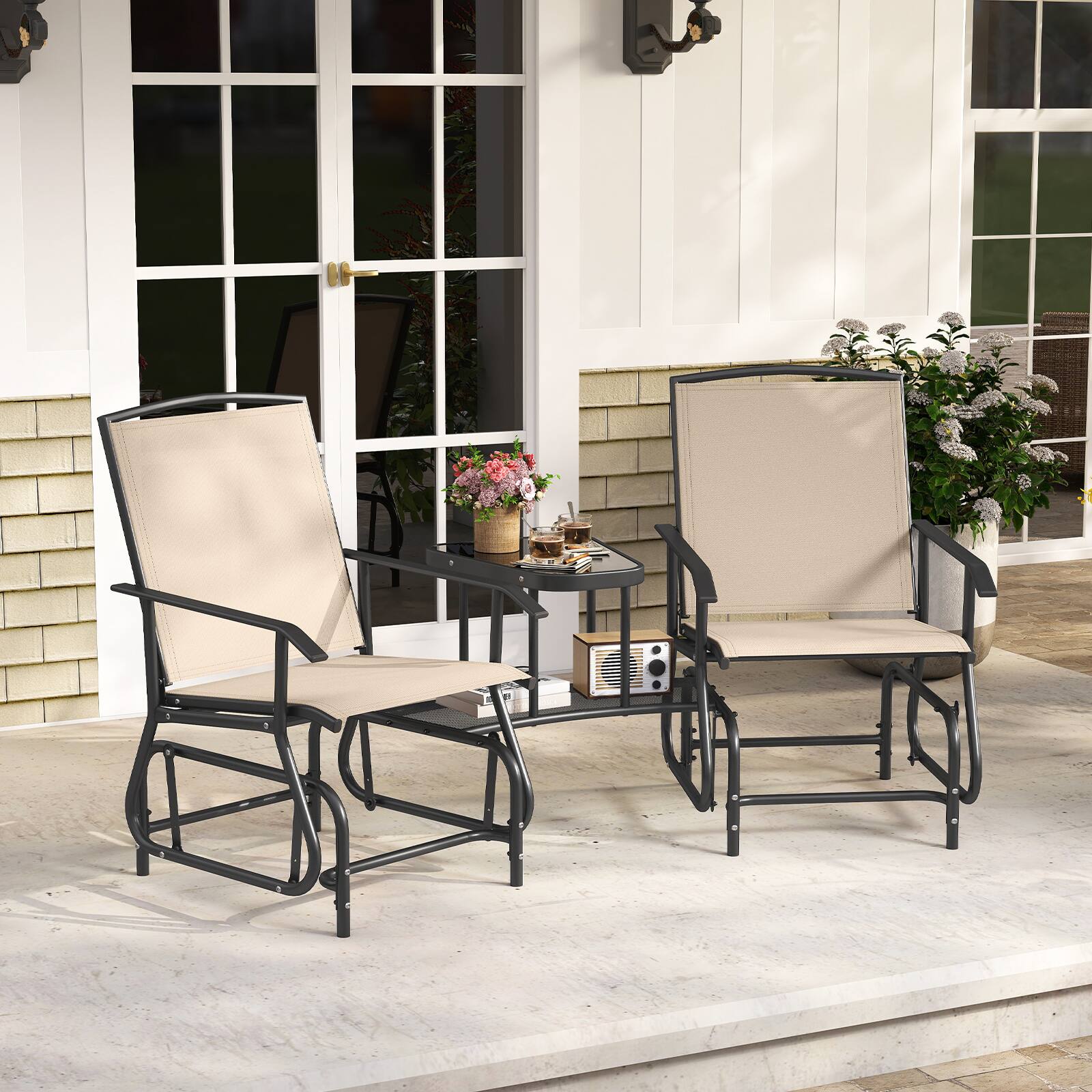 Alt View 3. Costway - Costway 2-Seater Outdoor Bistro Sets Glider Bench with 2-Tier Center Table, Heavy-duty Metal Frame - Beige.