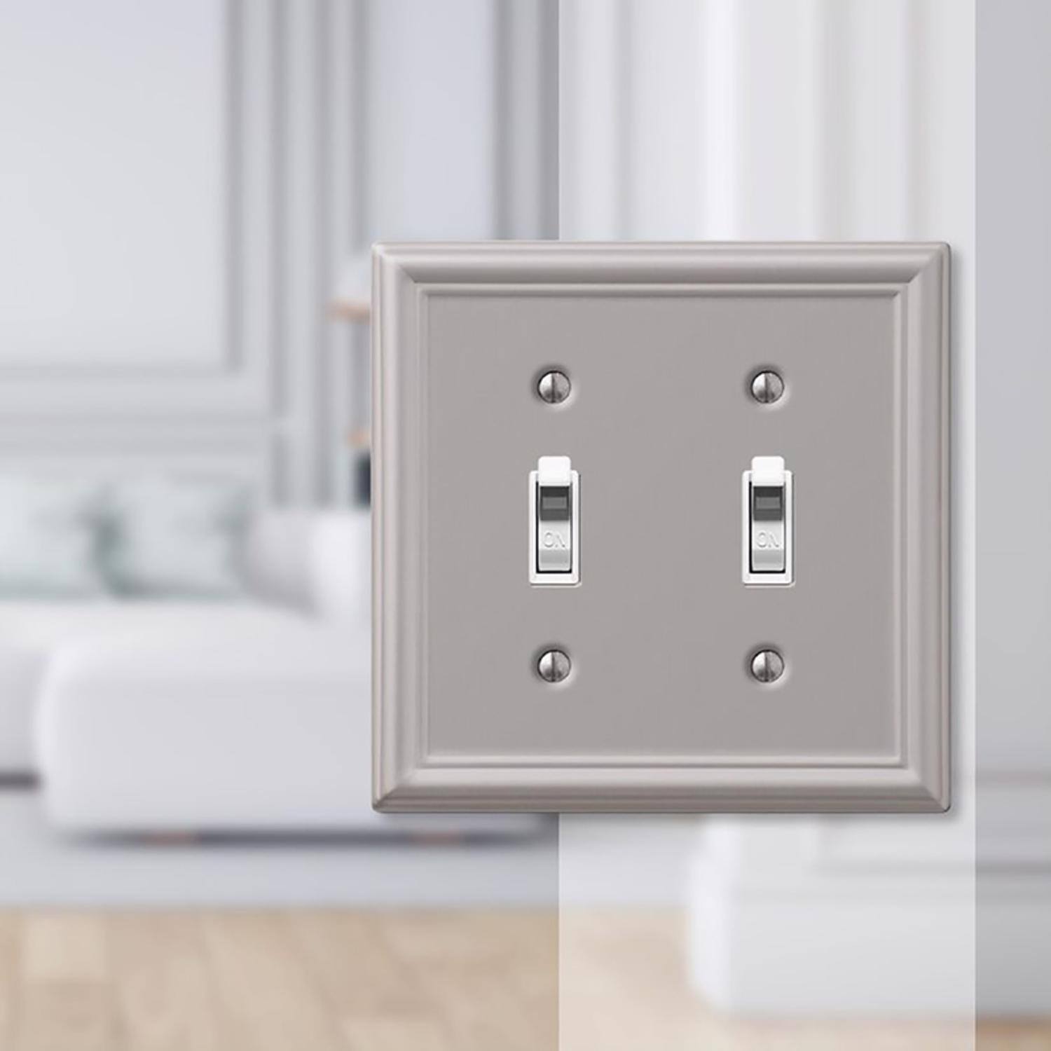 Left. AMERELLE - Amerelle Chelsea Brushed Nickel 2 gang Stamped Steel Toggle Wall Plate 1 pk - Nickel.