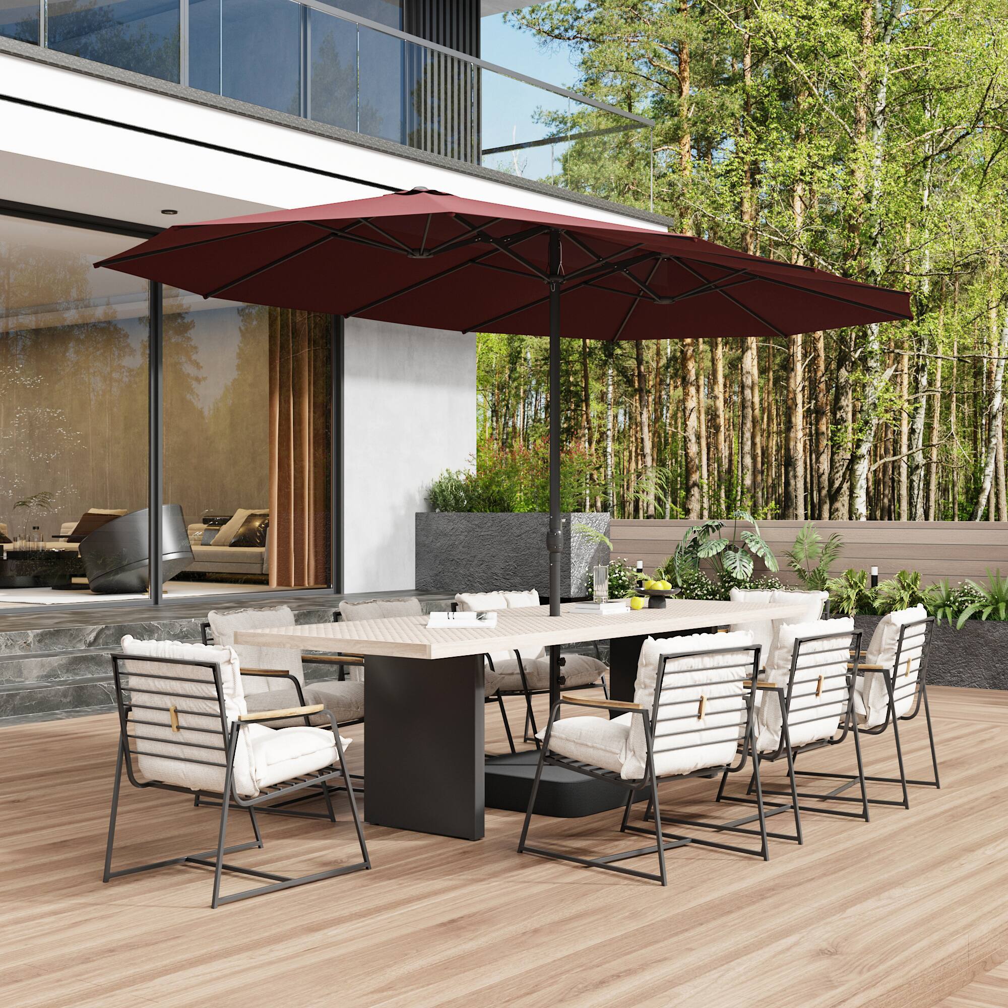 Angle. Famapy - 15ft x 9ft Large Rectangular Outdoor Patio Umbrella with Weighted Base - Heavy-Duty Market Shade - Multiple Colors - Burgundy.