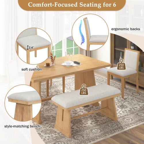 Comfort-Focused Seating for 6 ergonomic backs  
2.4" soft cushion  
250 LBS  
style-matching bench