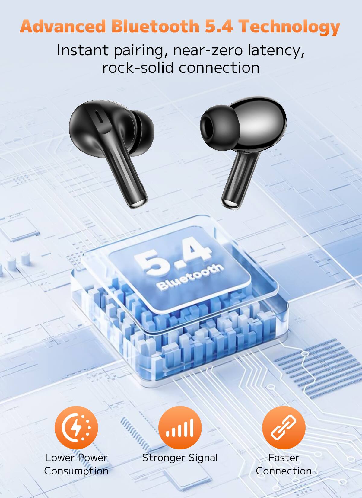 Advanced Bluetooth 5.4 Technology  
Instant pairing, near-zero latency, rock-solid connection  

- Lower Power Consumption  
- Stronger Signal  
- Faster Connection