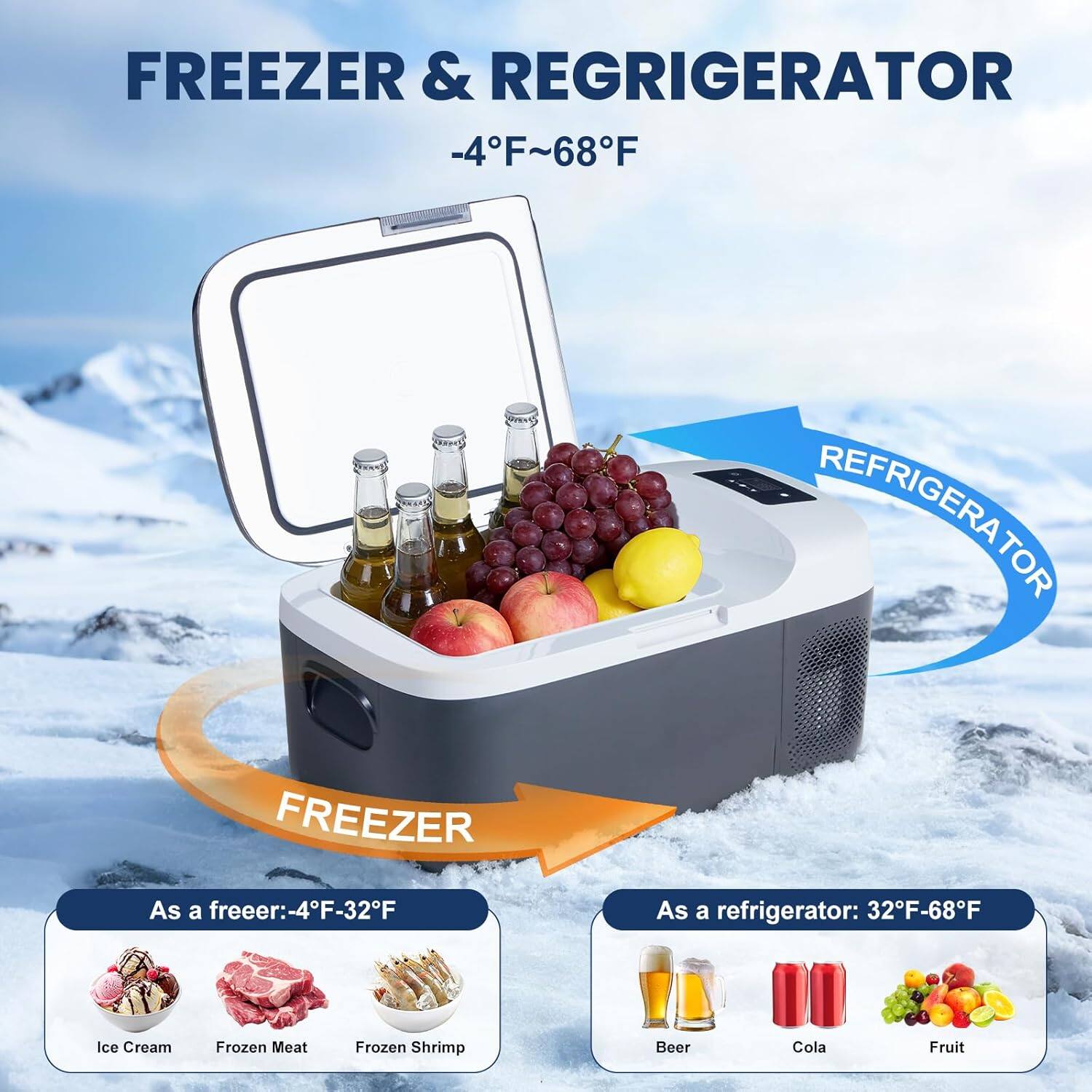 FREEZER & REFRIGERATOR  
-4°F~68°F  

As a freezer: -4°F~32°F  
As a refrigerator: 32°F~68°F  

Ice Cream  
Frozen Meat  
Frozen Shrimp  
Beer  
Cola  
Fruit